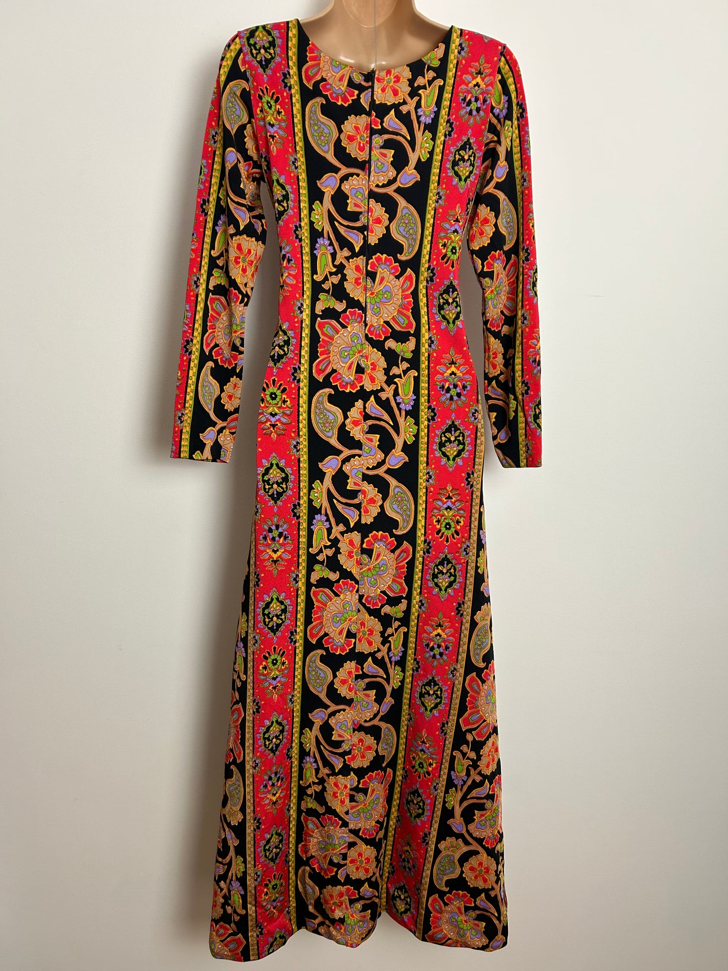 Vintage 1970s CHARMONT Size 6-8 Black Red Yellow Floral & Stripe Print Long Sleeve Maxi Dress