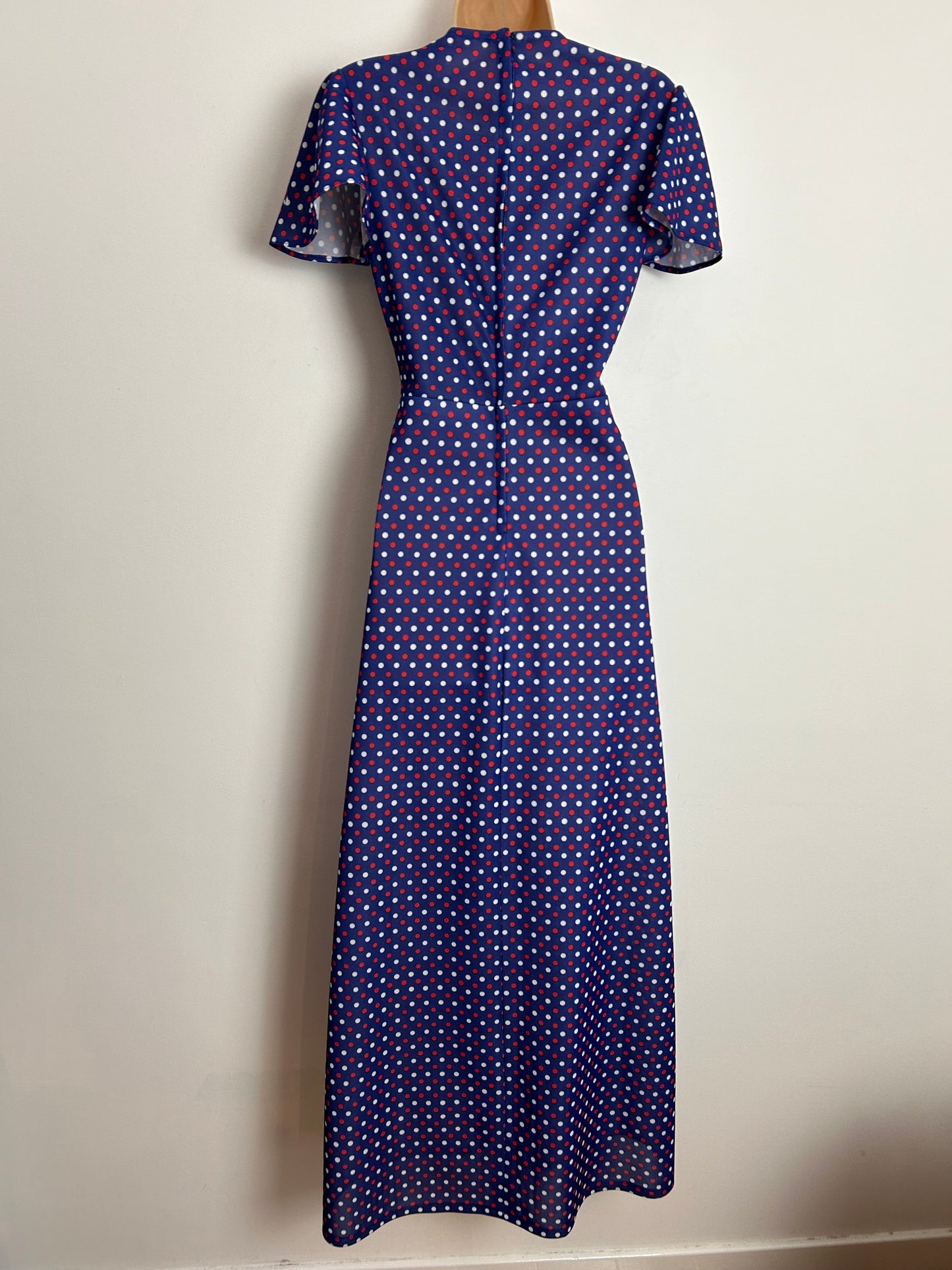Vintage 1970s UK Size 8 Cute Blue Red & White Polka Dot Short Sleeve Maxi Dress