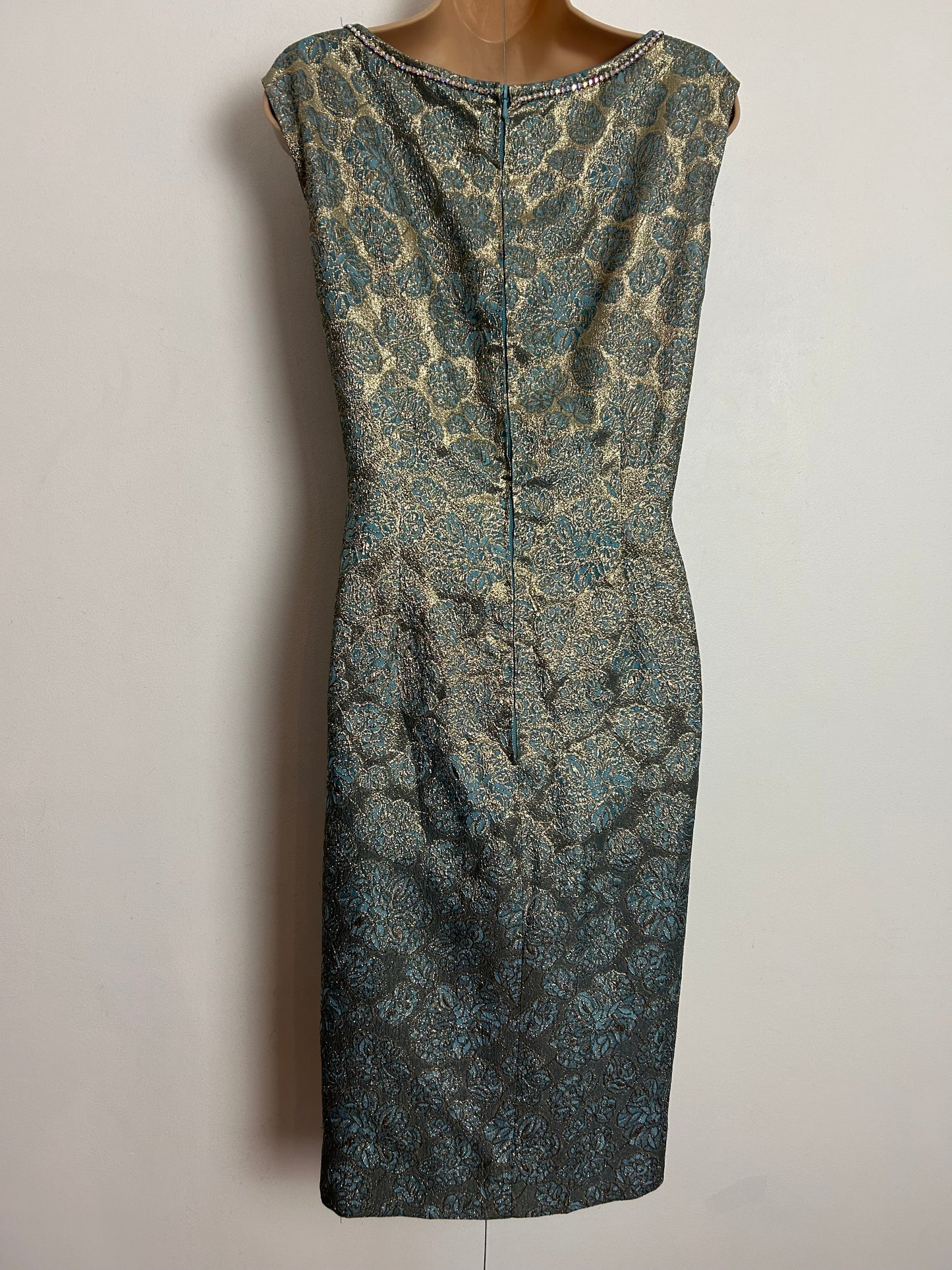 Vintage 1960s UK Size 14 Gold & Blue Lurex Brocade Diamante Embellished Party Mod Shift Dress