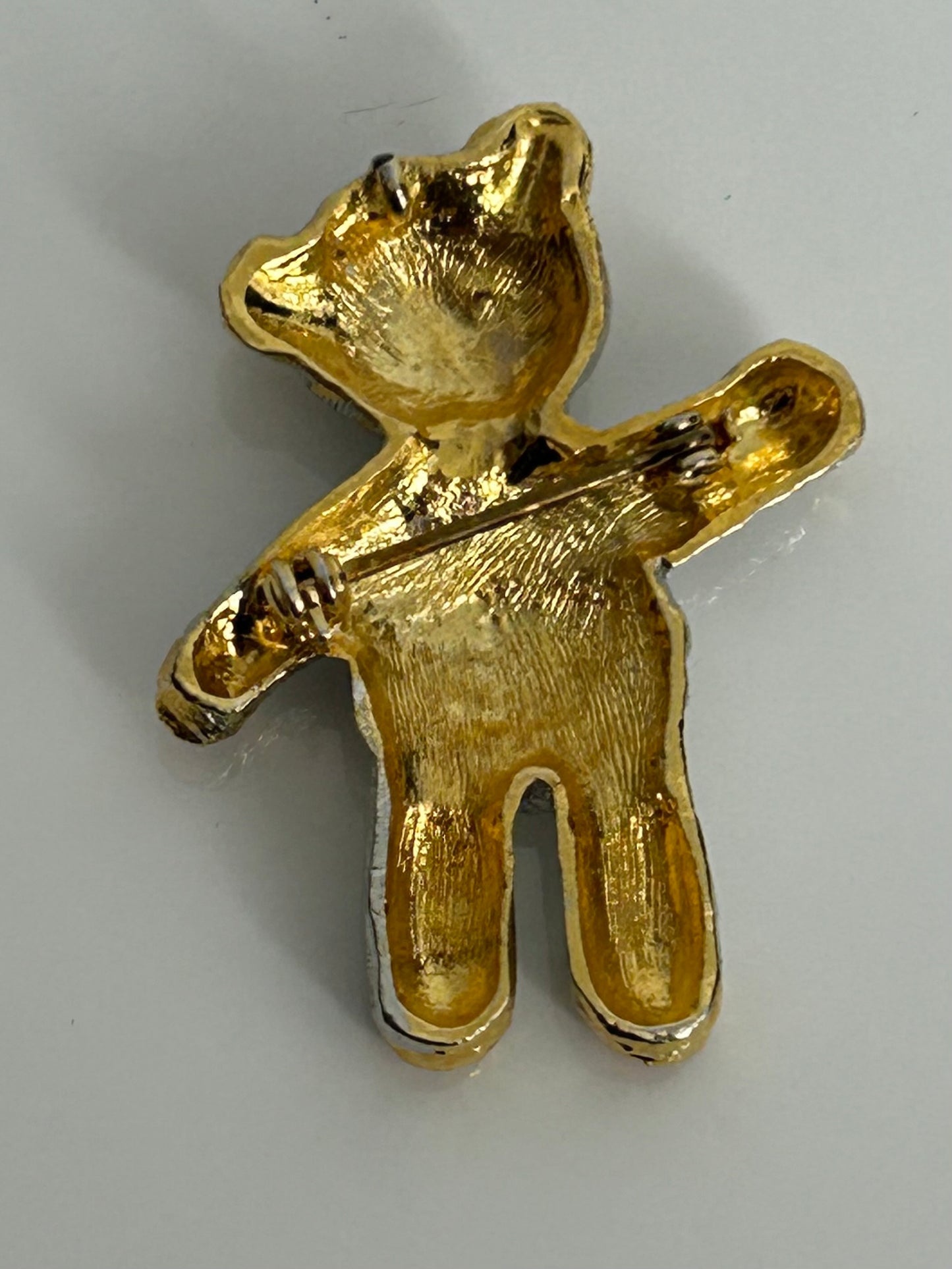 Vintage 1980s Small Silver Tone & Gold Cute Little Teddy Bear Pin Brooch