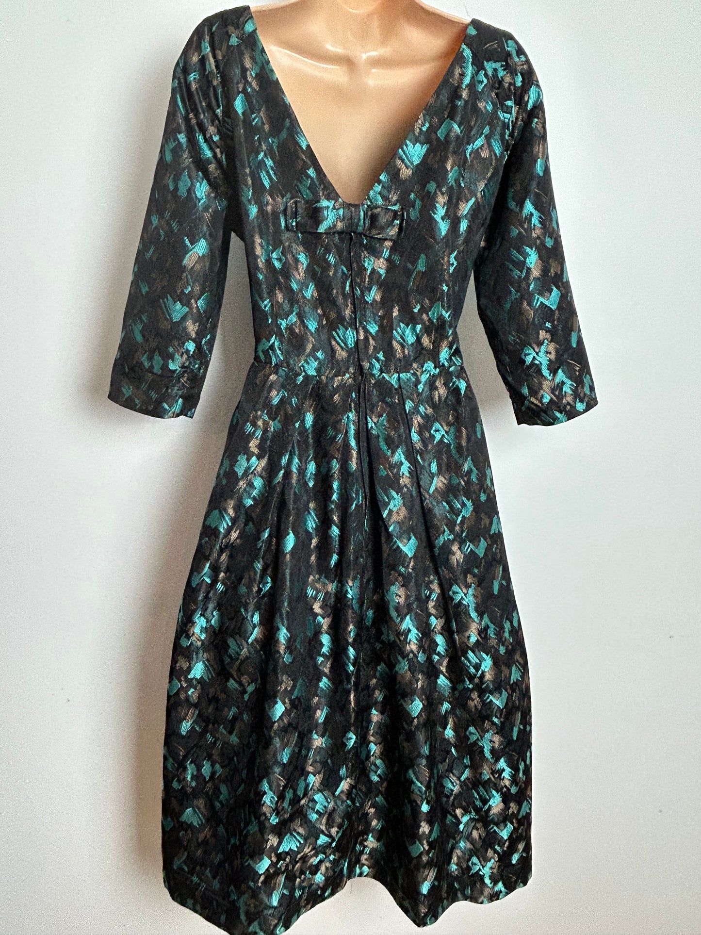 Vintage Late 1950s KITTY COPELAND Size 12-14 Black Blue & Bronze Jacquard Bow Detail Party Occasion Dress