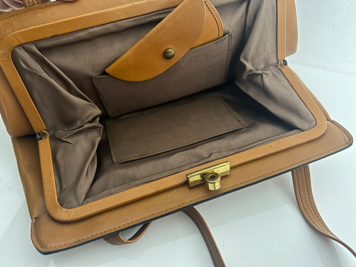 Vintage Late 1960s Tan Brown Top Handles Leather Handbag With Small Matching Coin Purse
