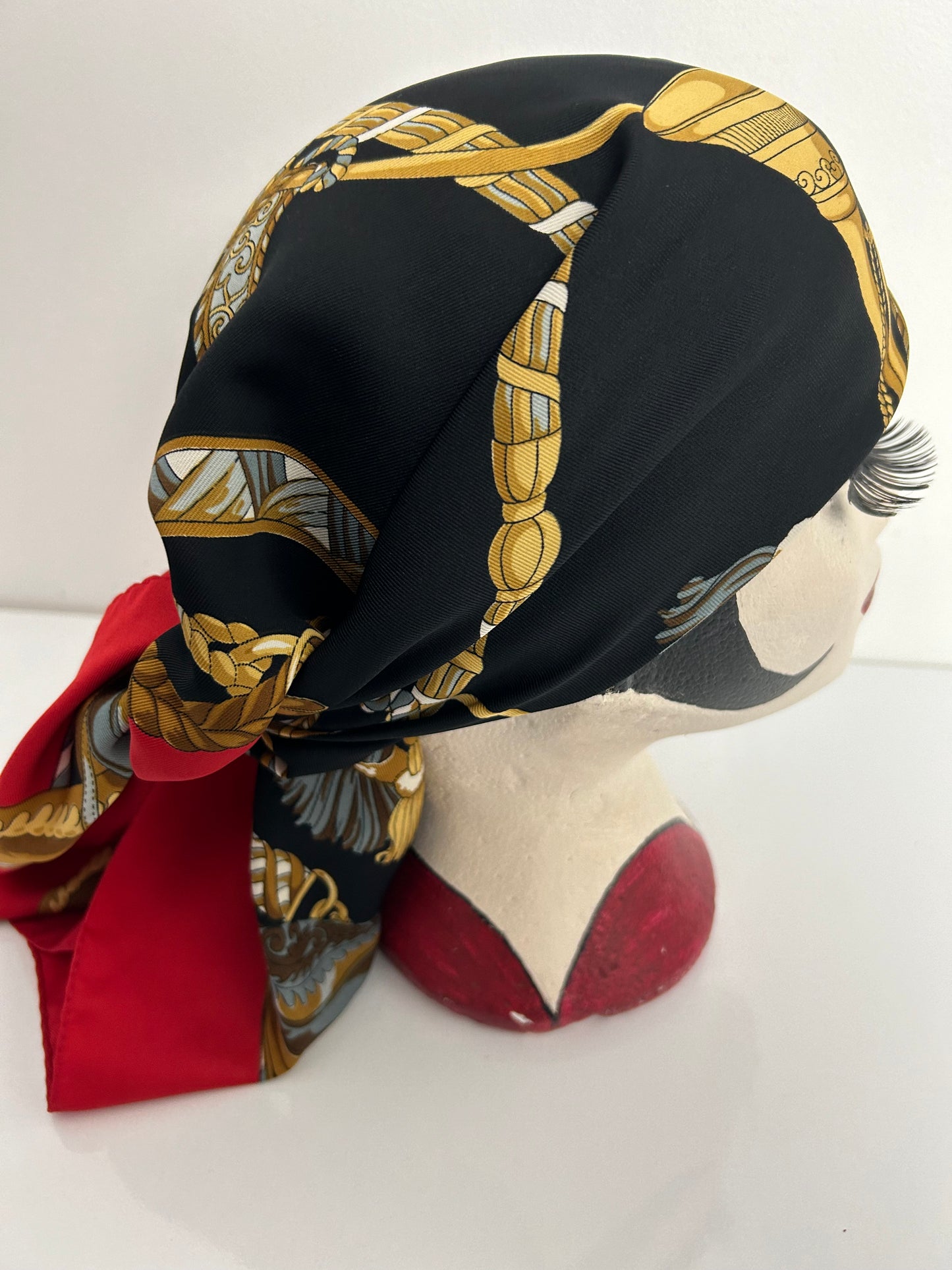 Vintage Italian Red Black & Brown Equestrian Saddle Cap Horn Regalia Print Large Scarf 86cm x 86cm