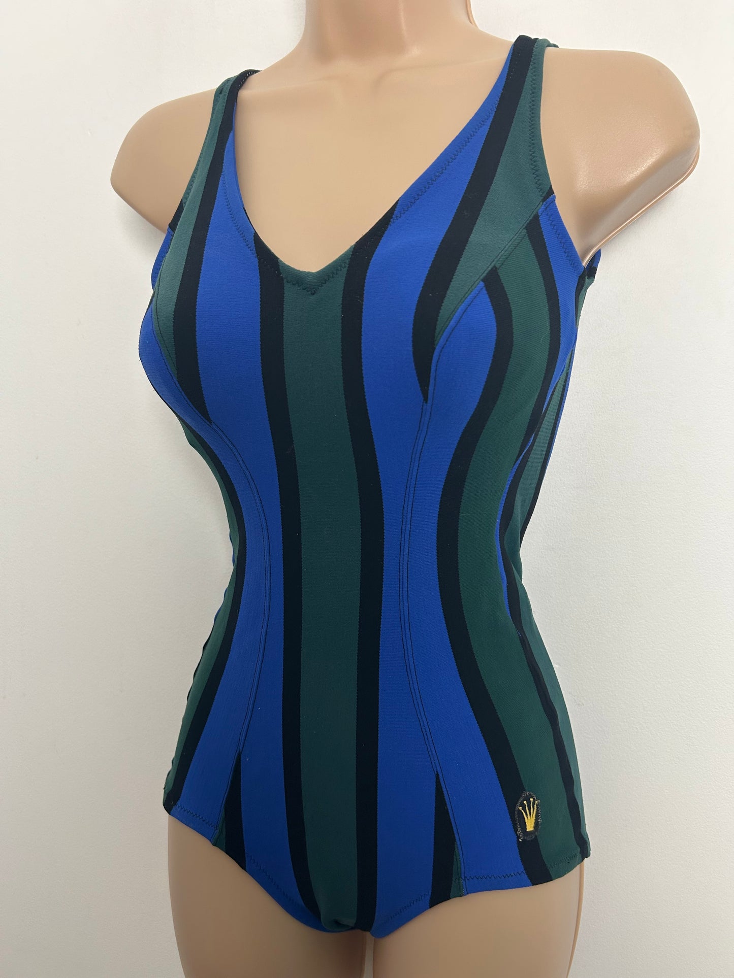 Vintage 1960s TRIUMPH Size 8 Blue & Green Stripe Print Moulded Cup Swimsuit