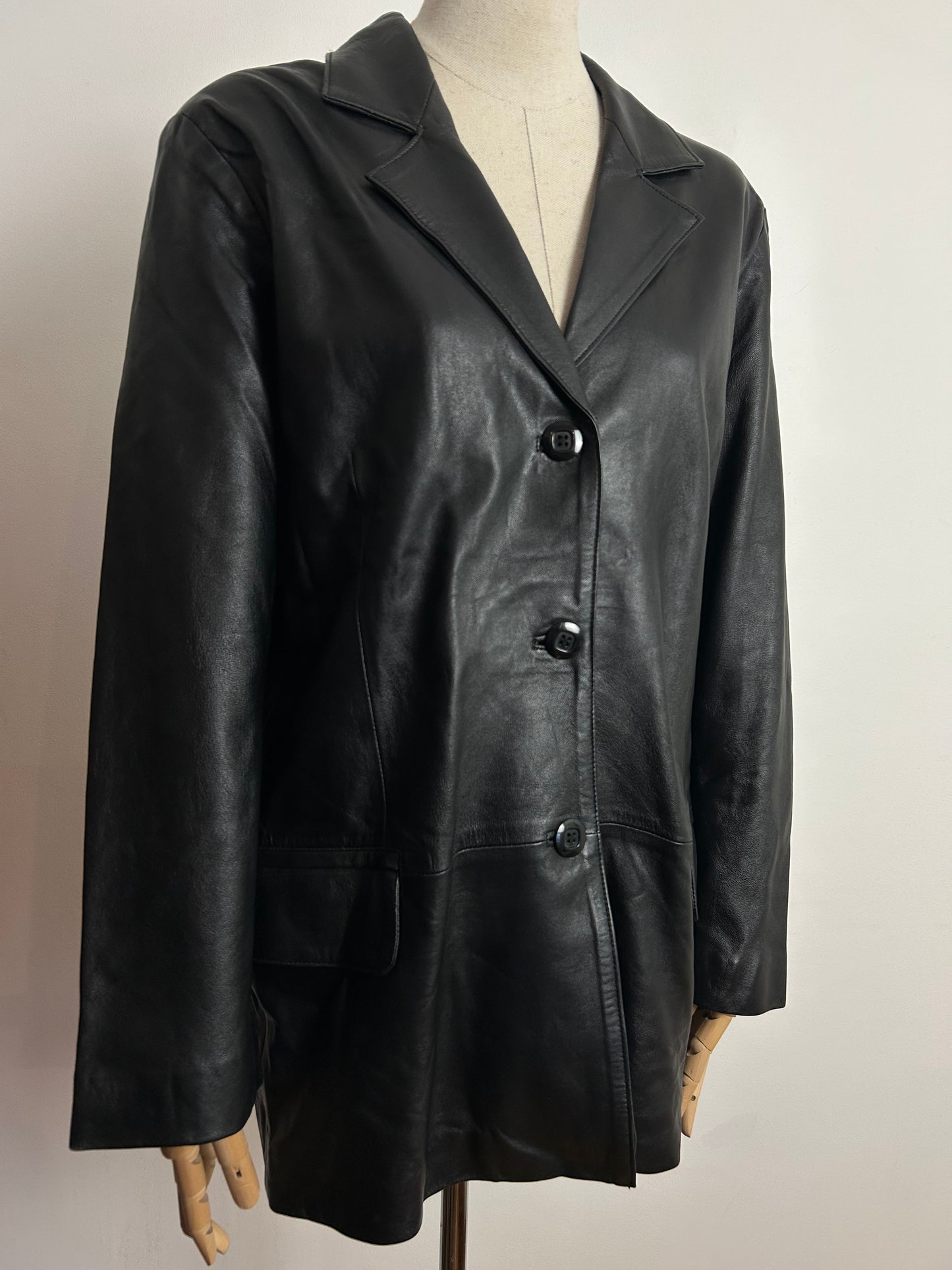 Vintage 1980s UK Size 14-16 Black Supple Leather Blazer Style Fully Lined Jacket