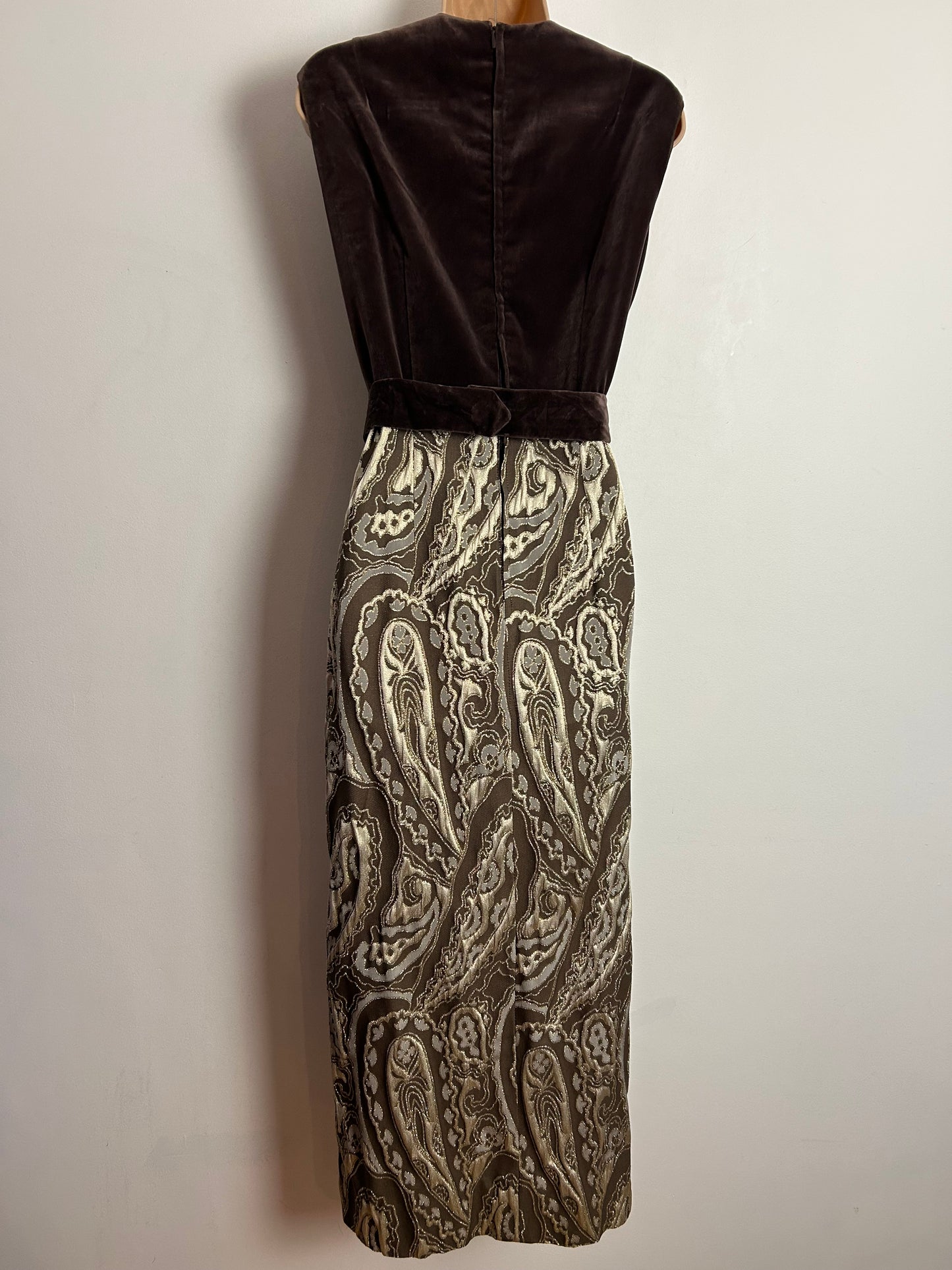 Vintage 1970s UK Size 10-12 Brown Gold & Silver Velvet & Brocade Belted Evening Maxi Dress