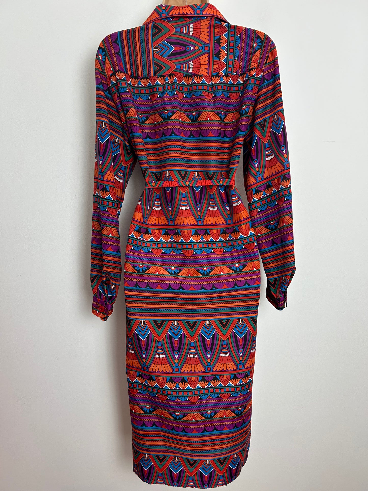 Vintage 1970s 14 Purple Orange Blue & Red Abstract Stripe Print Long Sleeve Belted Mod Dress