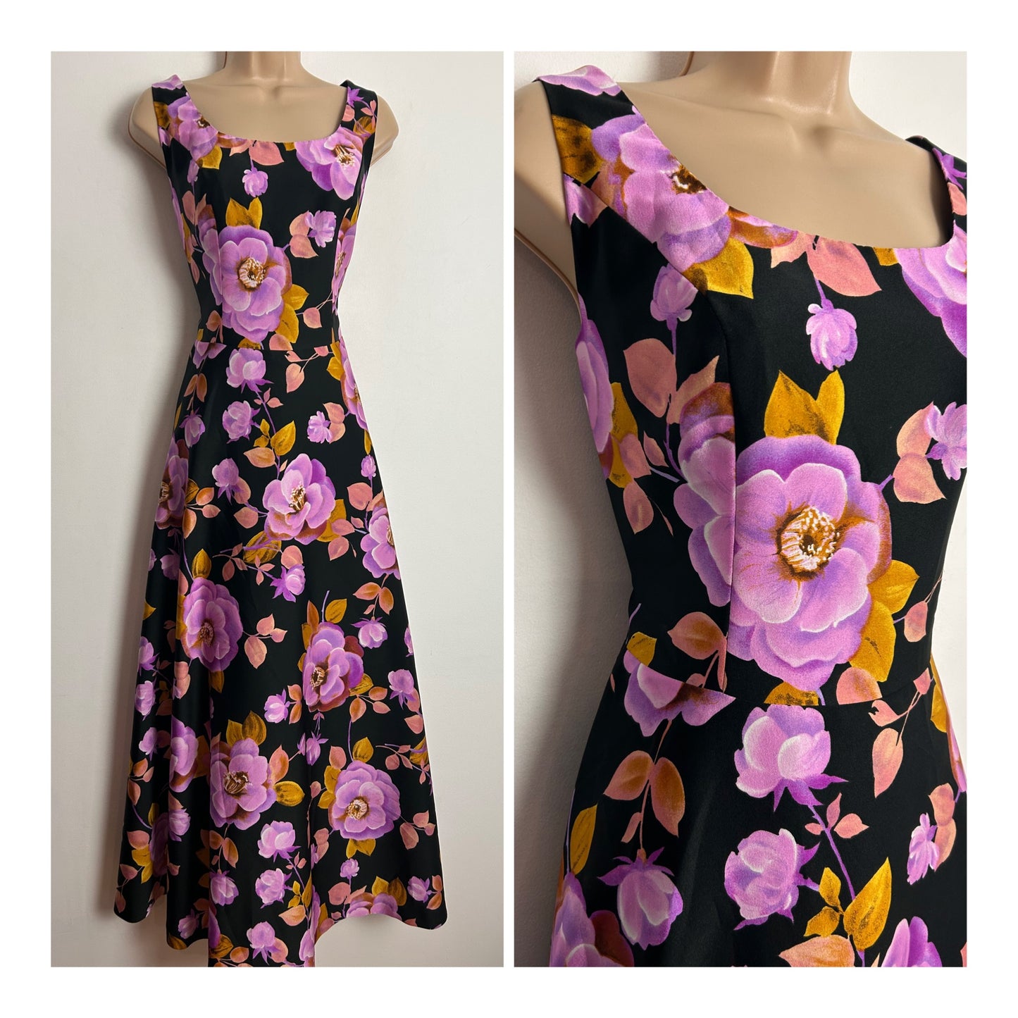 Vintage 1970s CH MODELL UK Size 10 Black Pink & Orange Floral Print Sleeveless Boho Maxi Dress