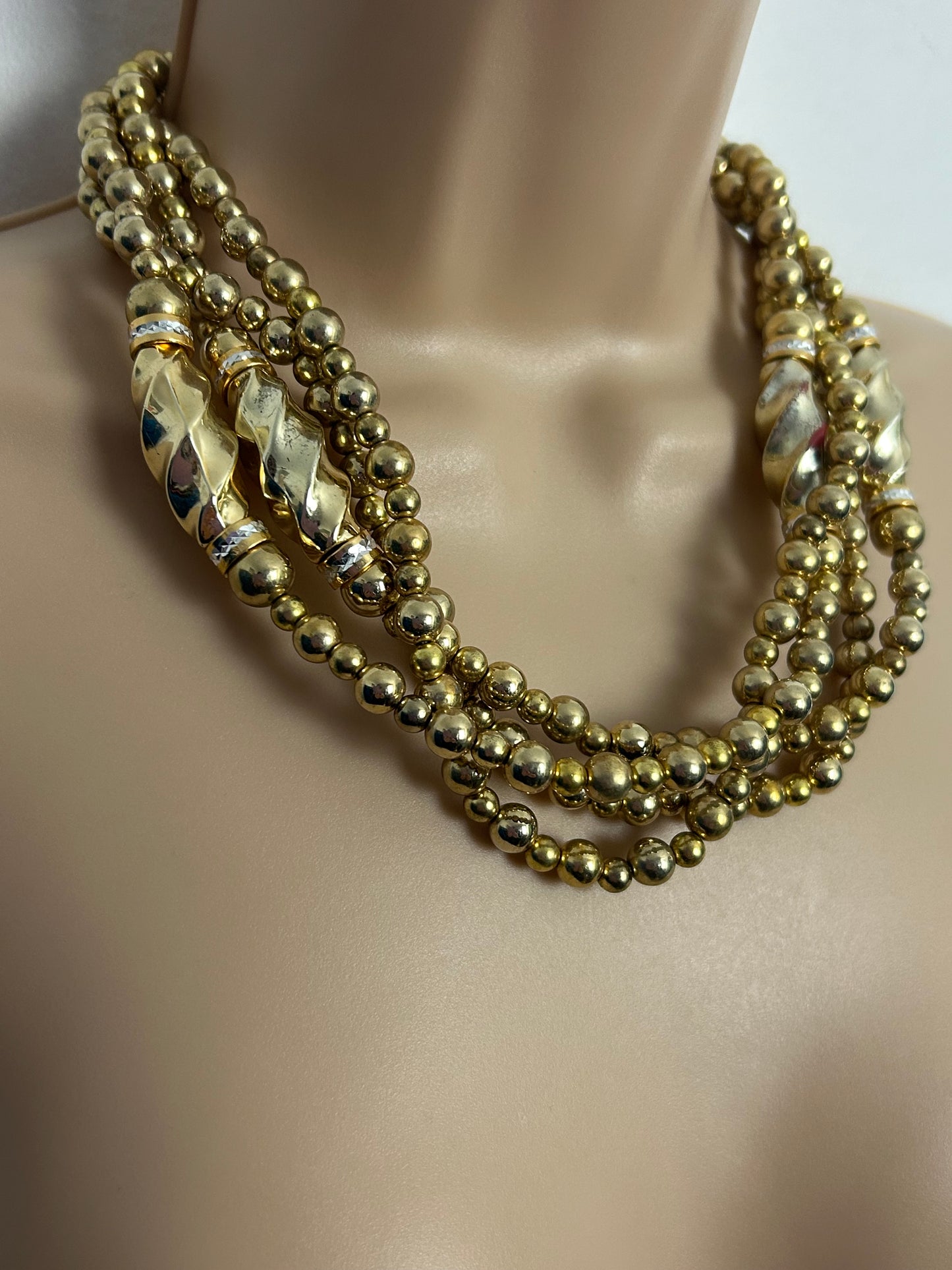 Vintage Chunky Four Strand Gold Bead Statement Necklace