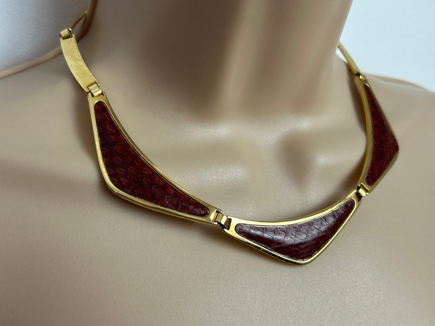 Vintage Gold Tone & Brick Red Faux Reptile Skin Panelled Choker Necklace