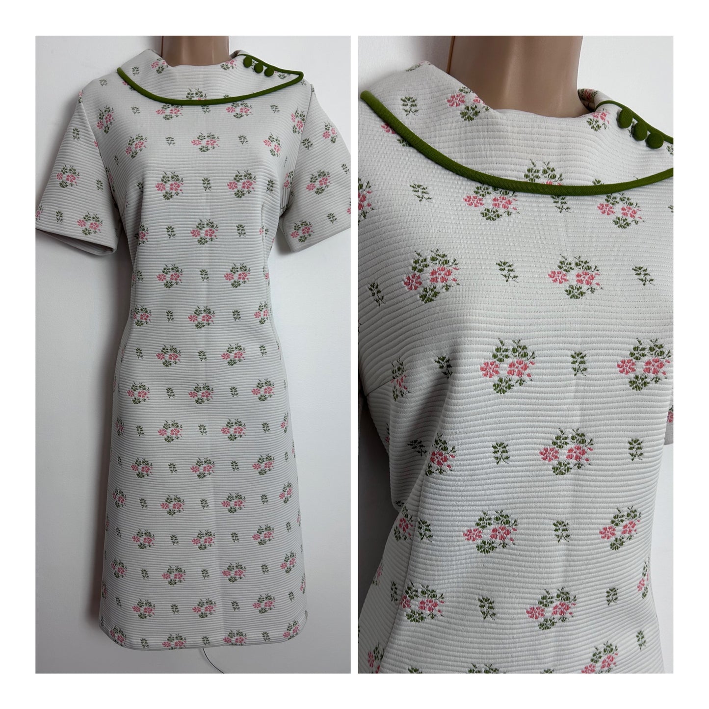 Vintage 1960s UK Size 14 Off White Coral & Pink Floral Ribbed Texture Crimplene Mod Shift Dress