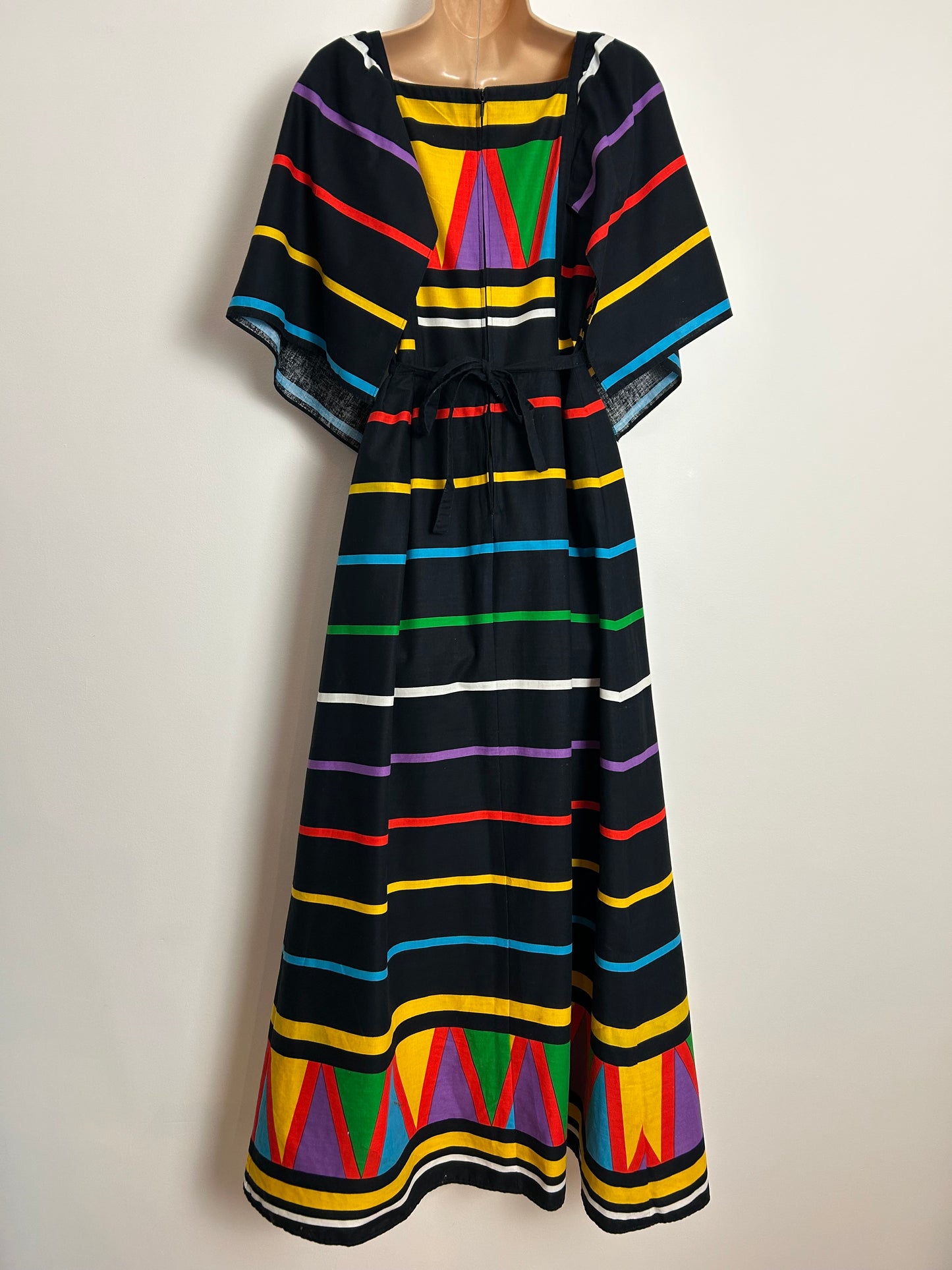 Vintage 1970s BETTY BARCLAY UK Size 8 Black Multicolour Stripe Print Hanky Sleeve Tie Back Cotton Maxi Dress