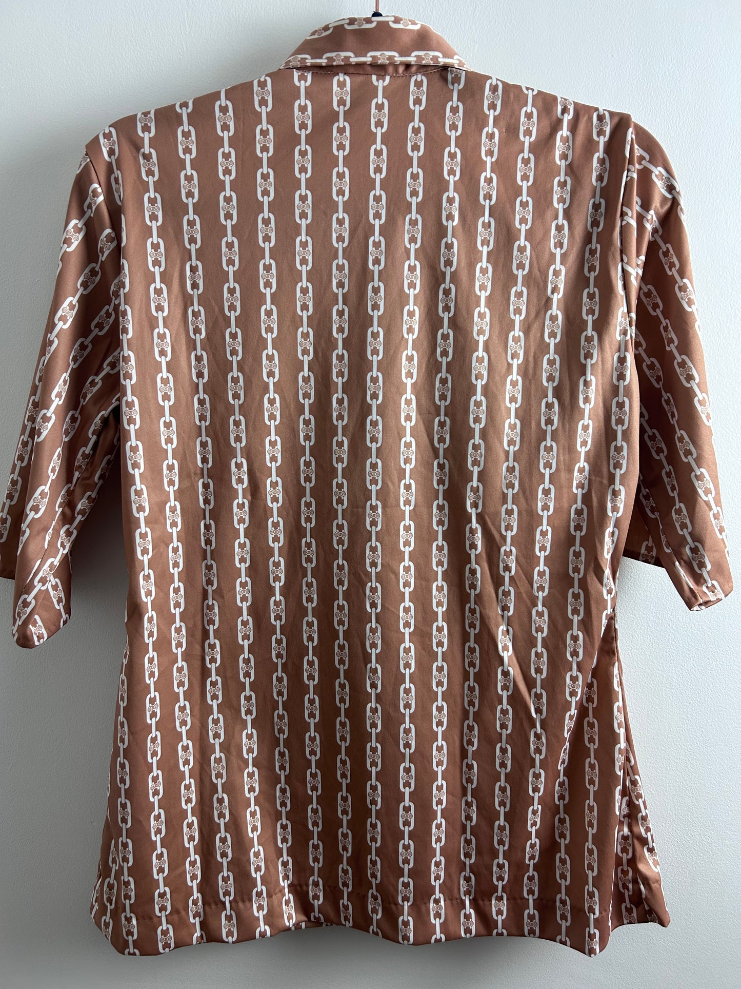 Vintage 1970s UK Size 12 Sandy Brown & White Abstract Chain Print Long Sleeve Shirt