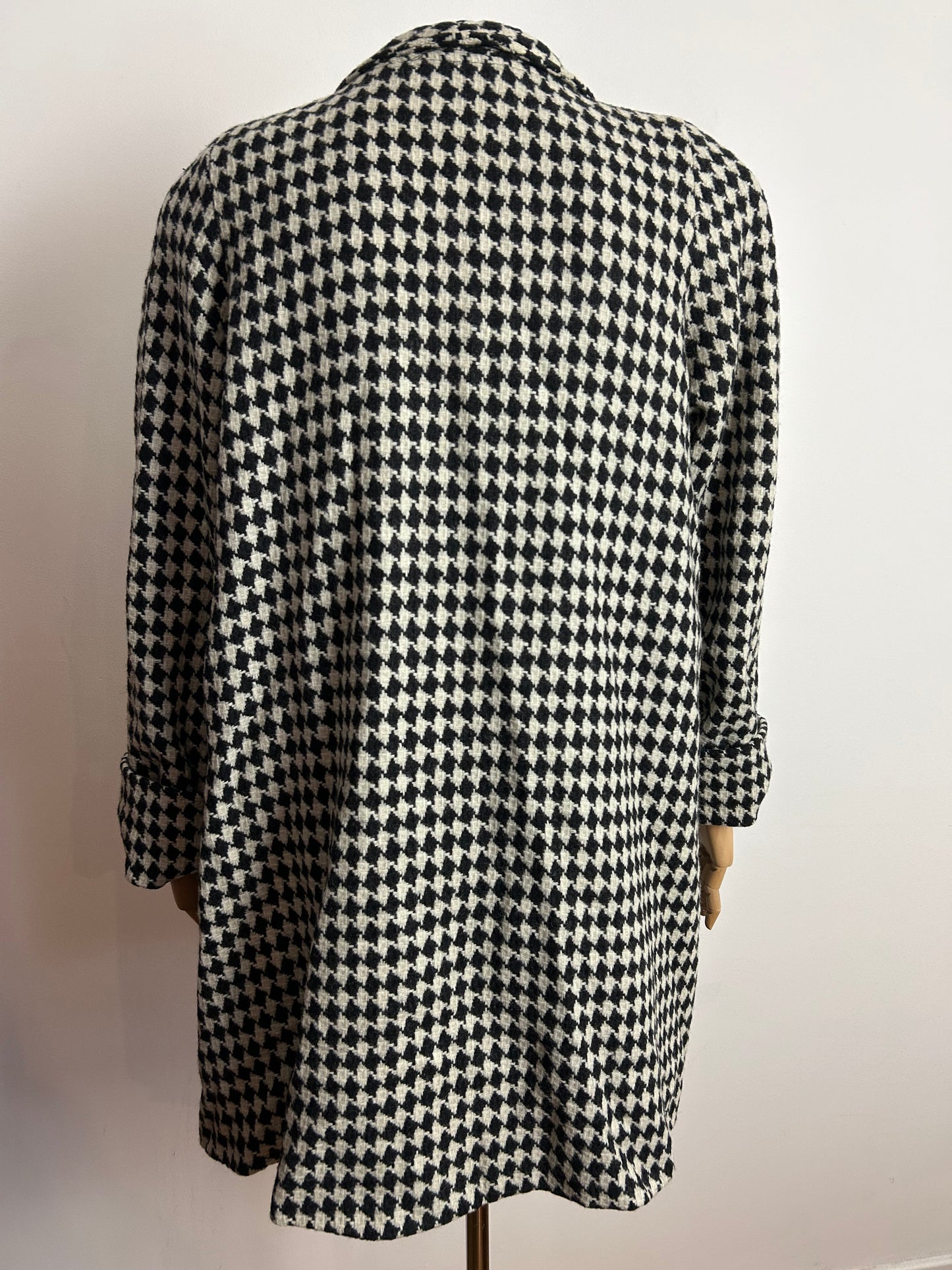 Vintage 1980s MICHELLE STUART UK Size 14-16 Black & Off White Diamond Check Open Fronted Wool Coat