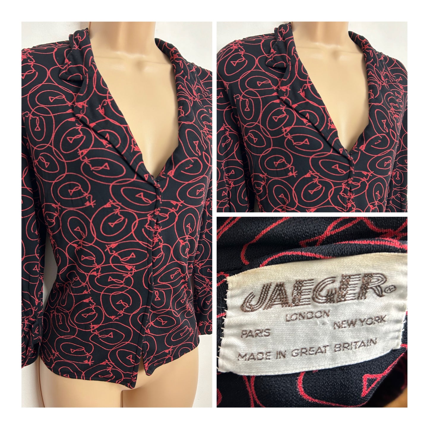 Vintage Late 1970s JAEGER UK Size M (12-14) Black & Red Scribble Print Rayon Long Sleeve Shirt