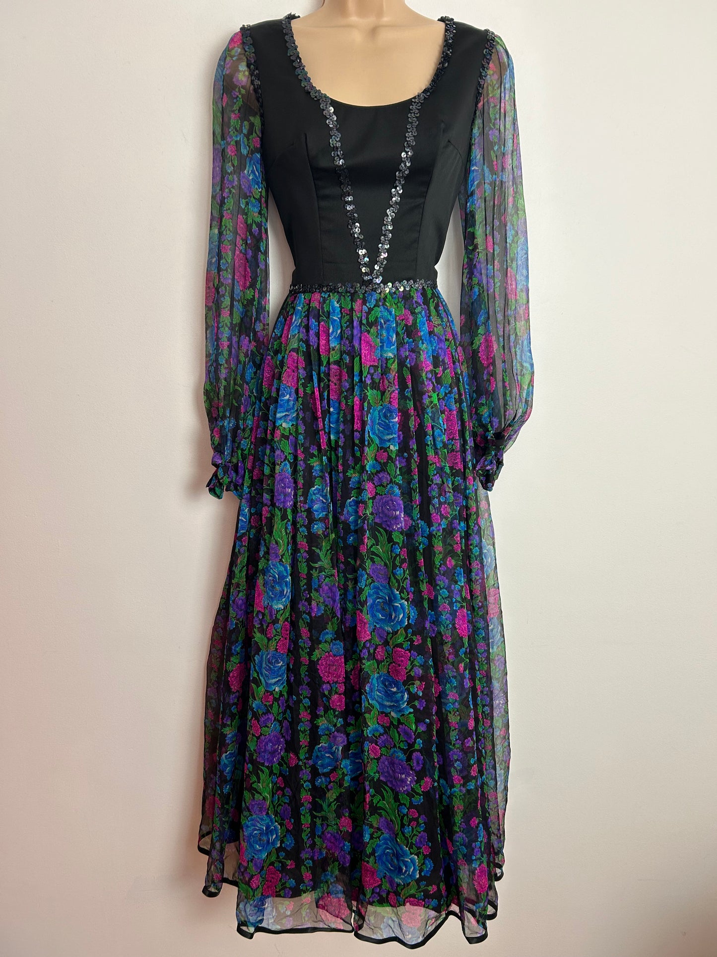 Vintage 1970s UK Size 6 Black Pink Blue & Purple Floral Print Sequin Detail Long Sleeve Pleated Boho Maxi Dress