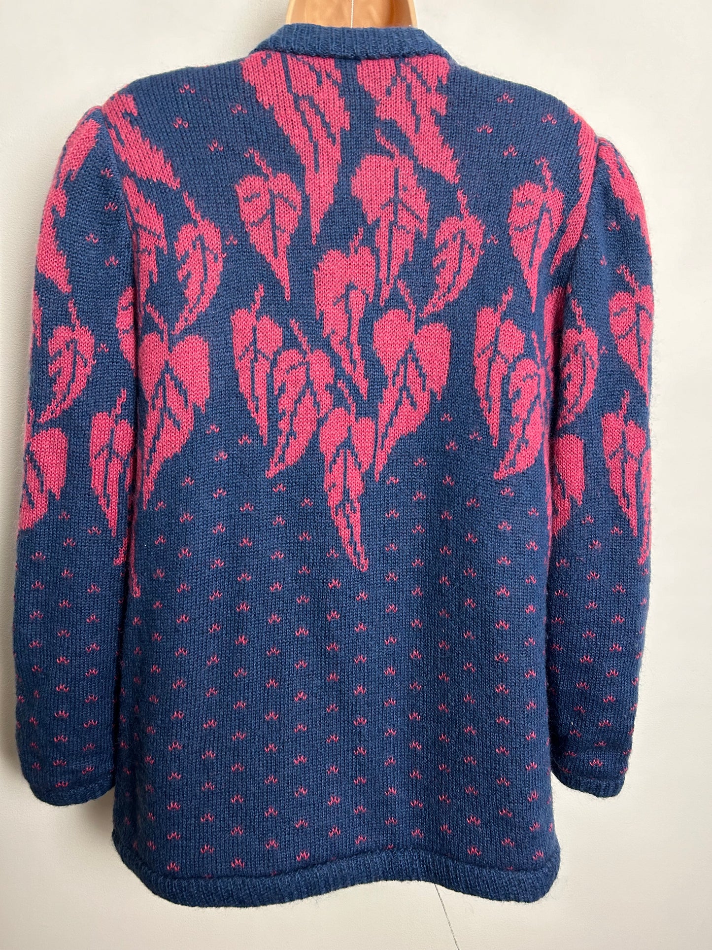 Vintage 1980s ESCADA Up To Size 16 KID MOHAIR Blue & Pink Leaf Print Open Fronted Long Sleeve Cardigan