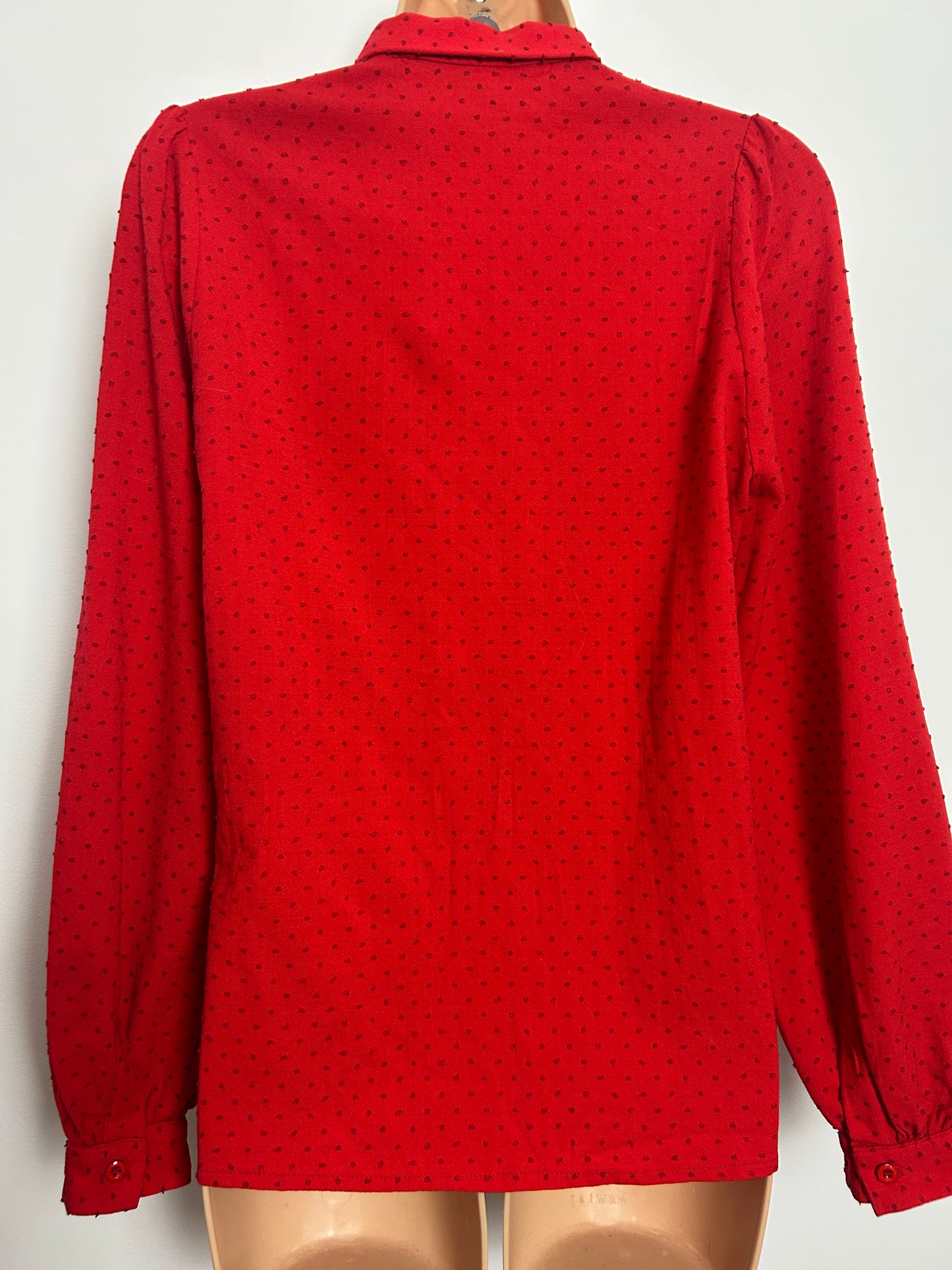 Vintage Late 1970s JAEGER (Made In England) Size 10-12 Red Swiss Dot Scarf Neck Cotton Shirt