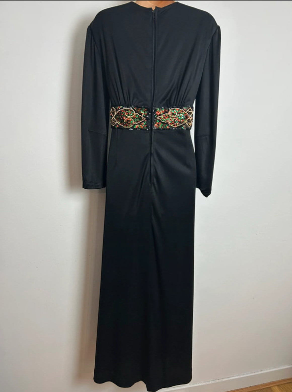 Vintage 1970s Size 14 Black Plunge Neck Sequin & Bead Detail Occasion Evening Maxi Dress