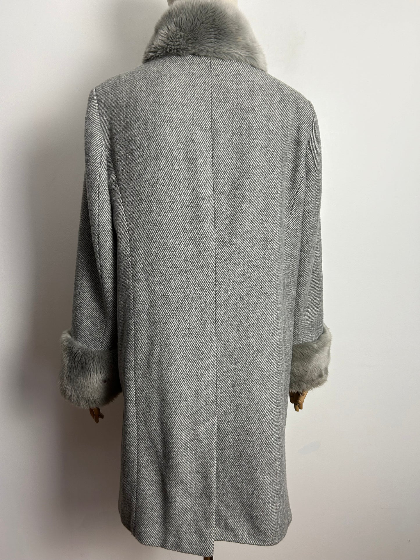 Gorgeous JACQUES VERT Size 14 Grey Wool Mix Faux Fur Trimmed Funnel Neck Double Breasted Coat