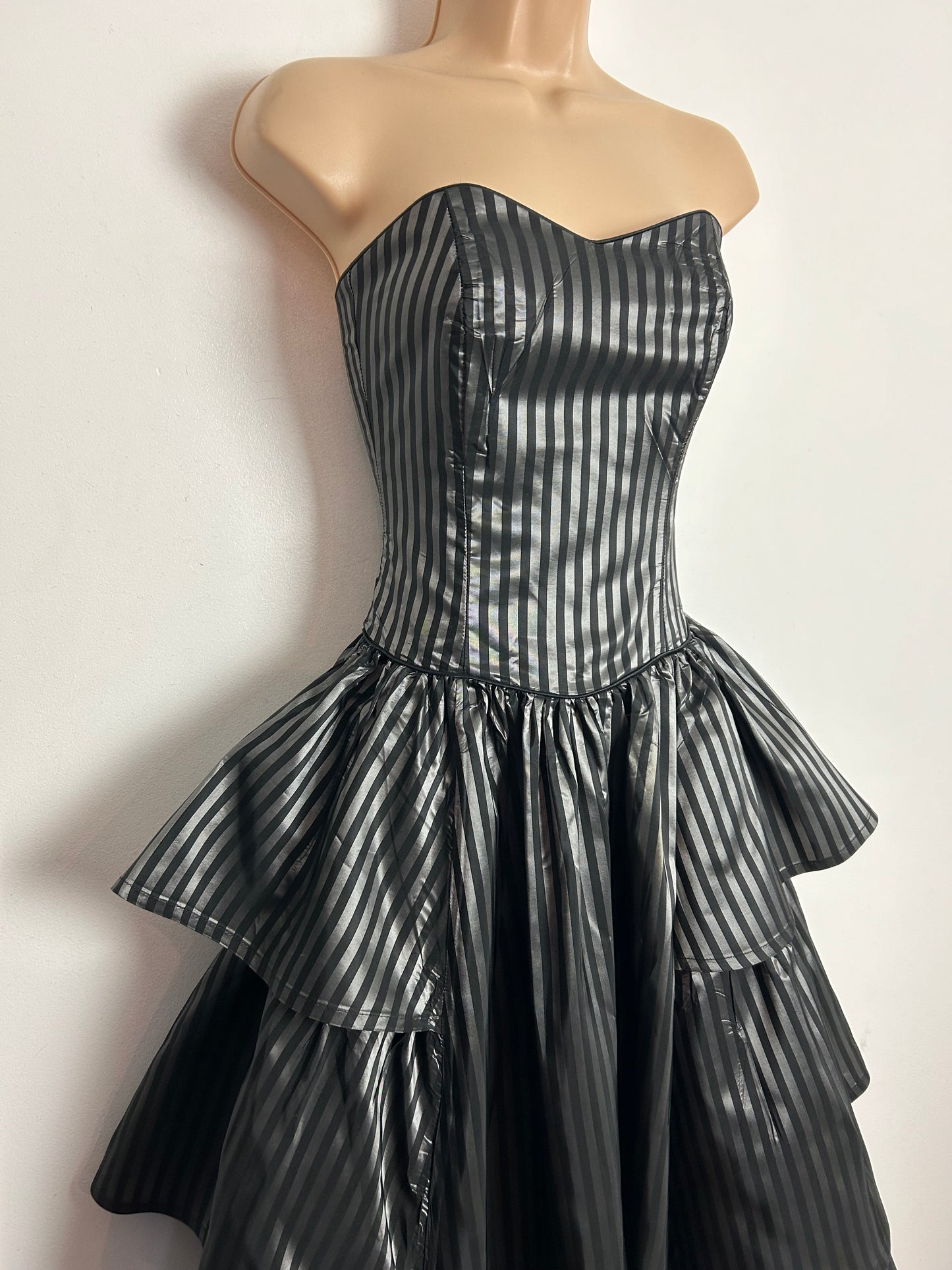 Vintage 80s LAURA ASHLEY UK Size 6-8 (Size 10 On Label) Strapless Black & Dark Silver Stripe Tiered Full Length Ballgown