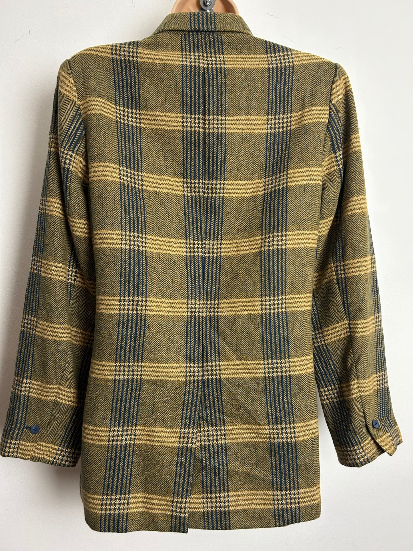 Vintage 1990s DANIEL RAINN Size S (10-12) Dark Beige & Navy Blue Check Print Wool Mix Blazer