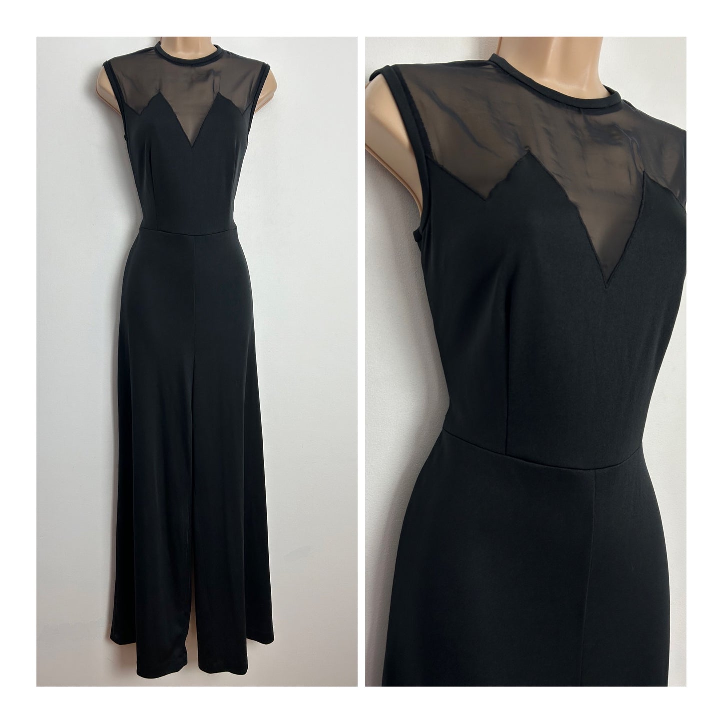 Vintage 1970s MISS DEVONSHIRE UK Size 8 Black Chiffon Panel Sleeveless Wide Leg Jumpsuit