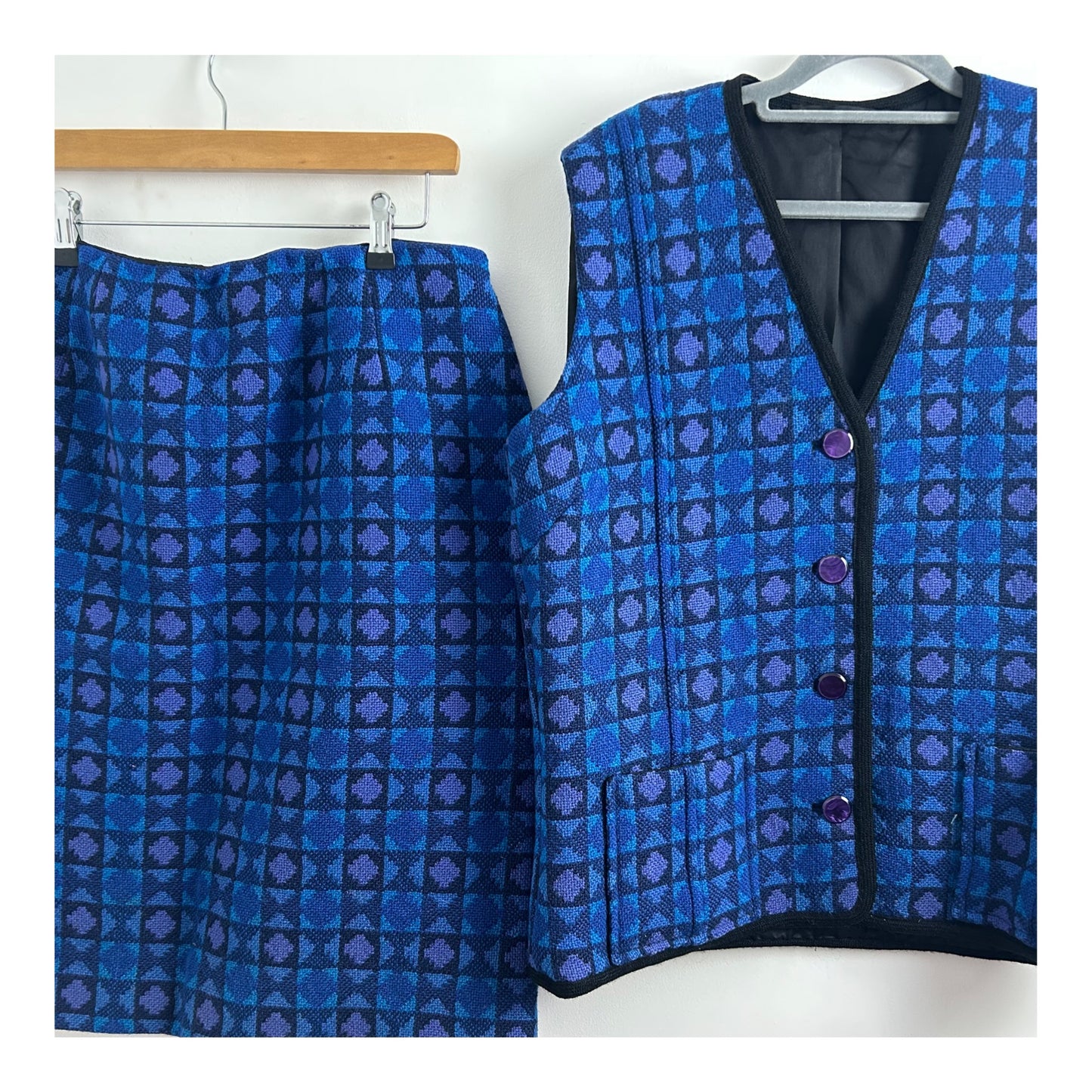 Vintage 1960s Size 12 WELSH TAPESTRY Blue & Purple Check Print Heavy Wool Two Piece Waistcoat & Skirt Suit
