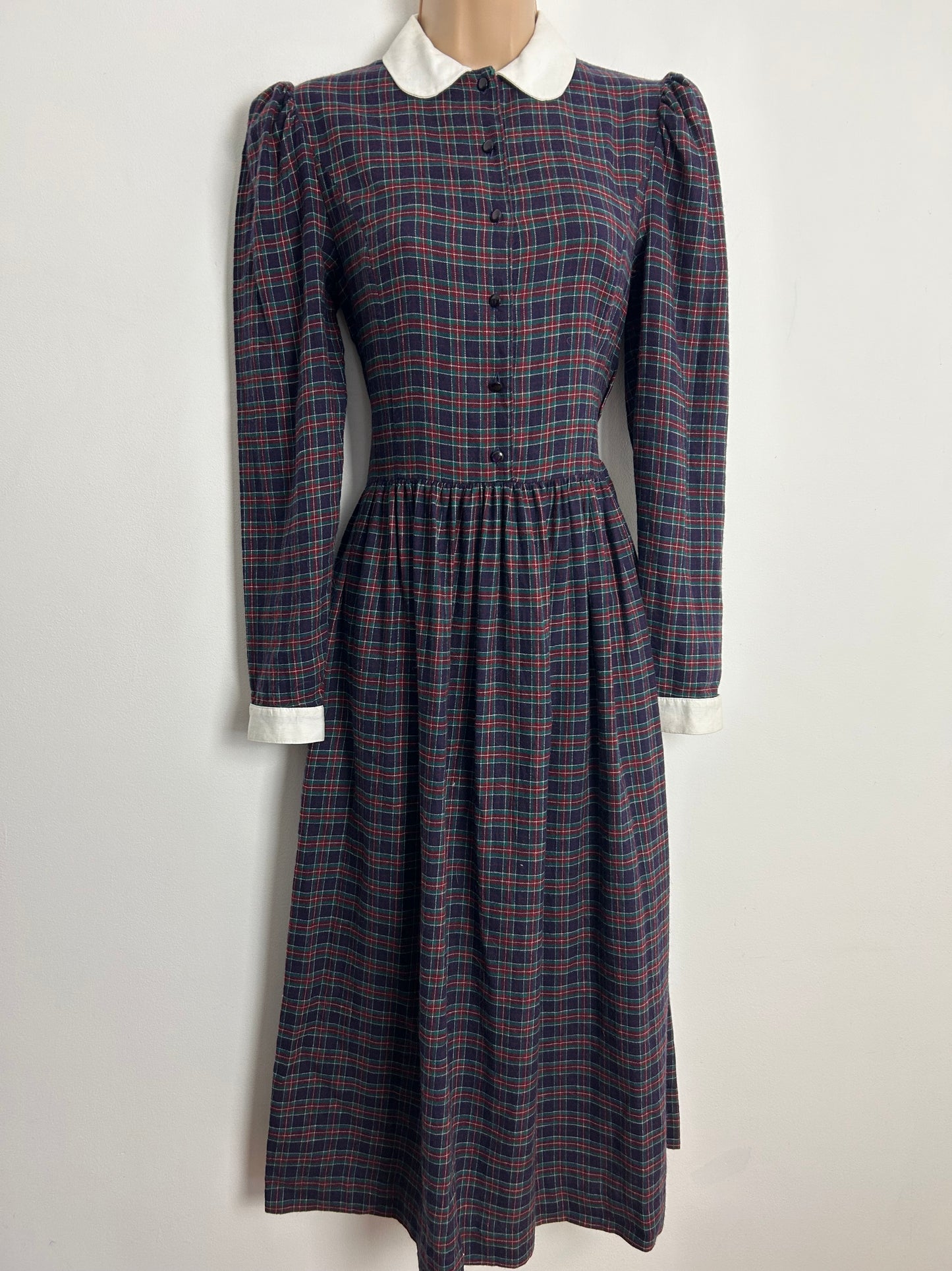 Vintage 1980s LAURA ASHLEY UK Size 8 (10 On Label) Purple Red & Green Tartan Check Print Wool Mix Day Dress