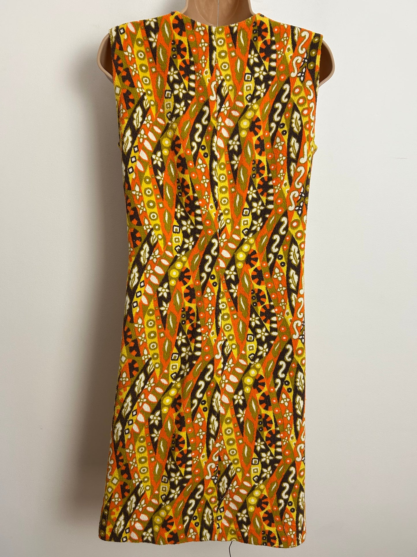 Vintage 1960s Size 10-12 Orange Yellow & Brown Abstract Psychedelic Print Towelling Mod Shift Dress