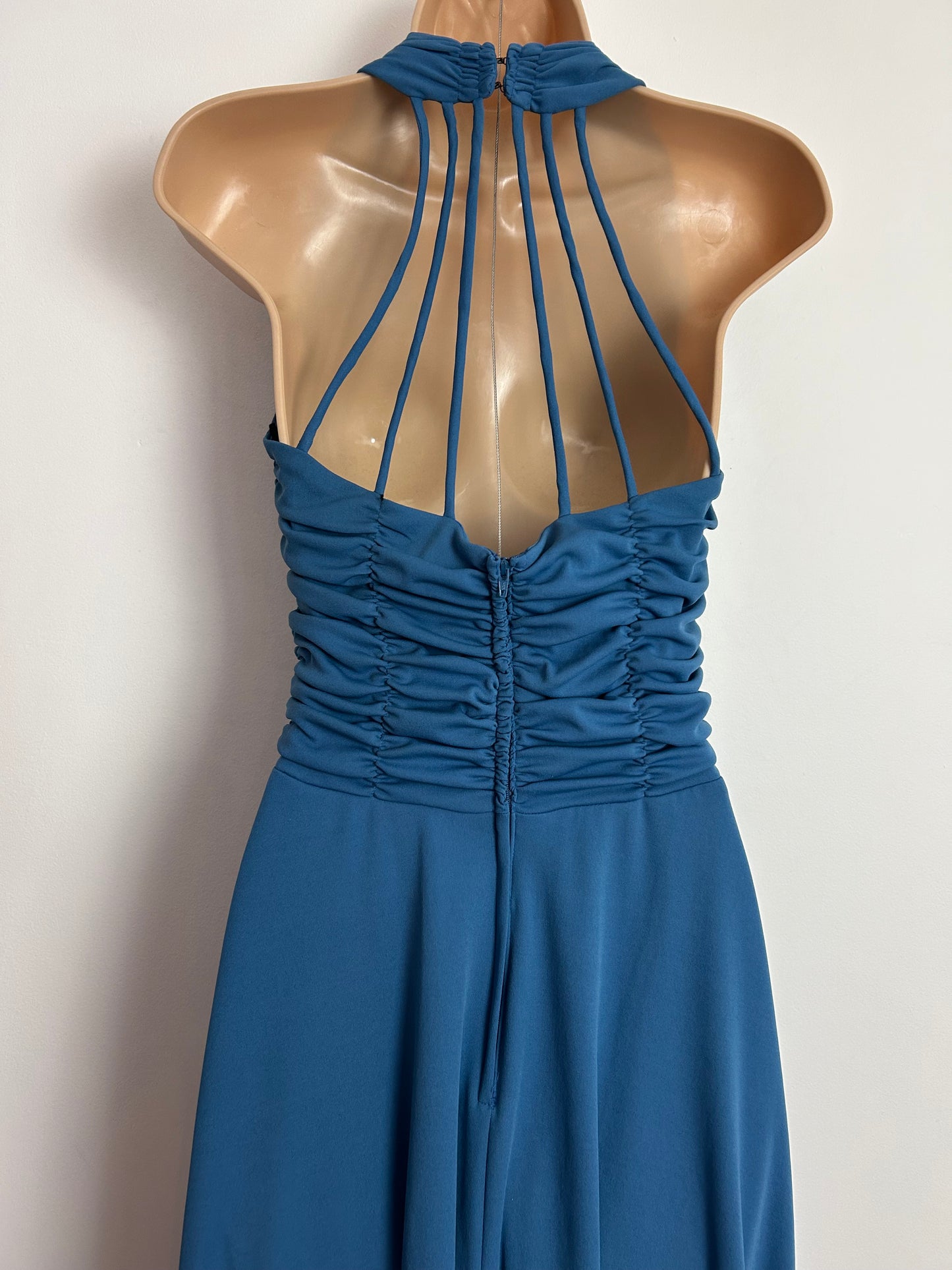 Vintage 1970s Size 6 Dark Dusky Blue Cage Back Ruched Waist Occasion Maxi Dress