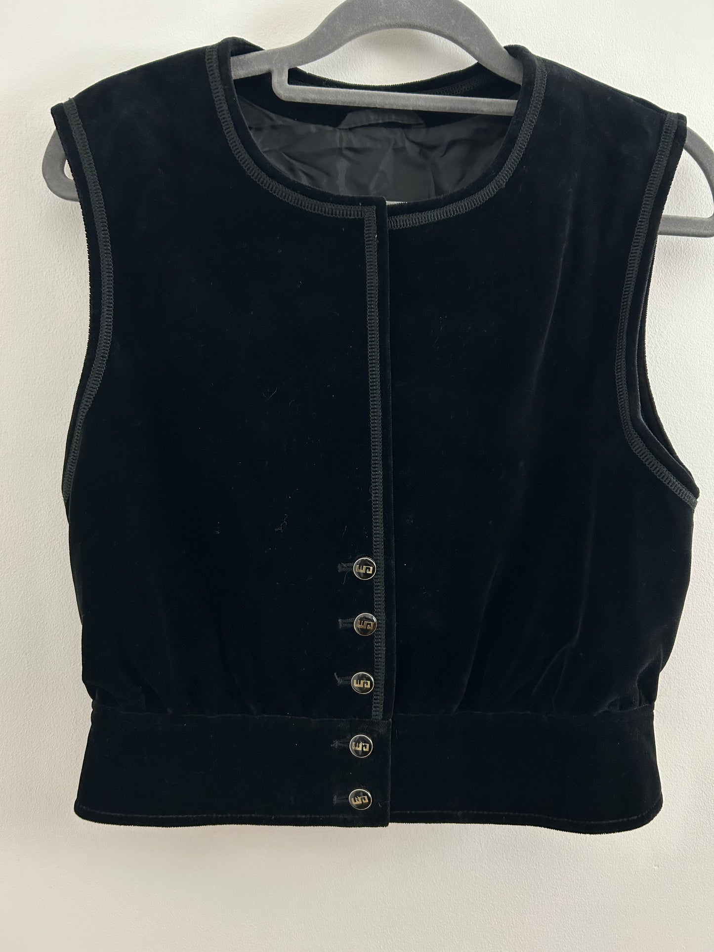 Vintage 1970s UK Size 8 Black Velvet Button Up Waistcoat