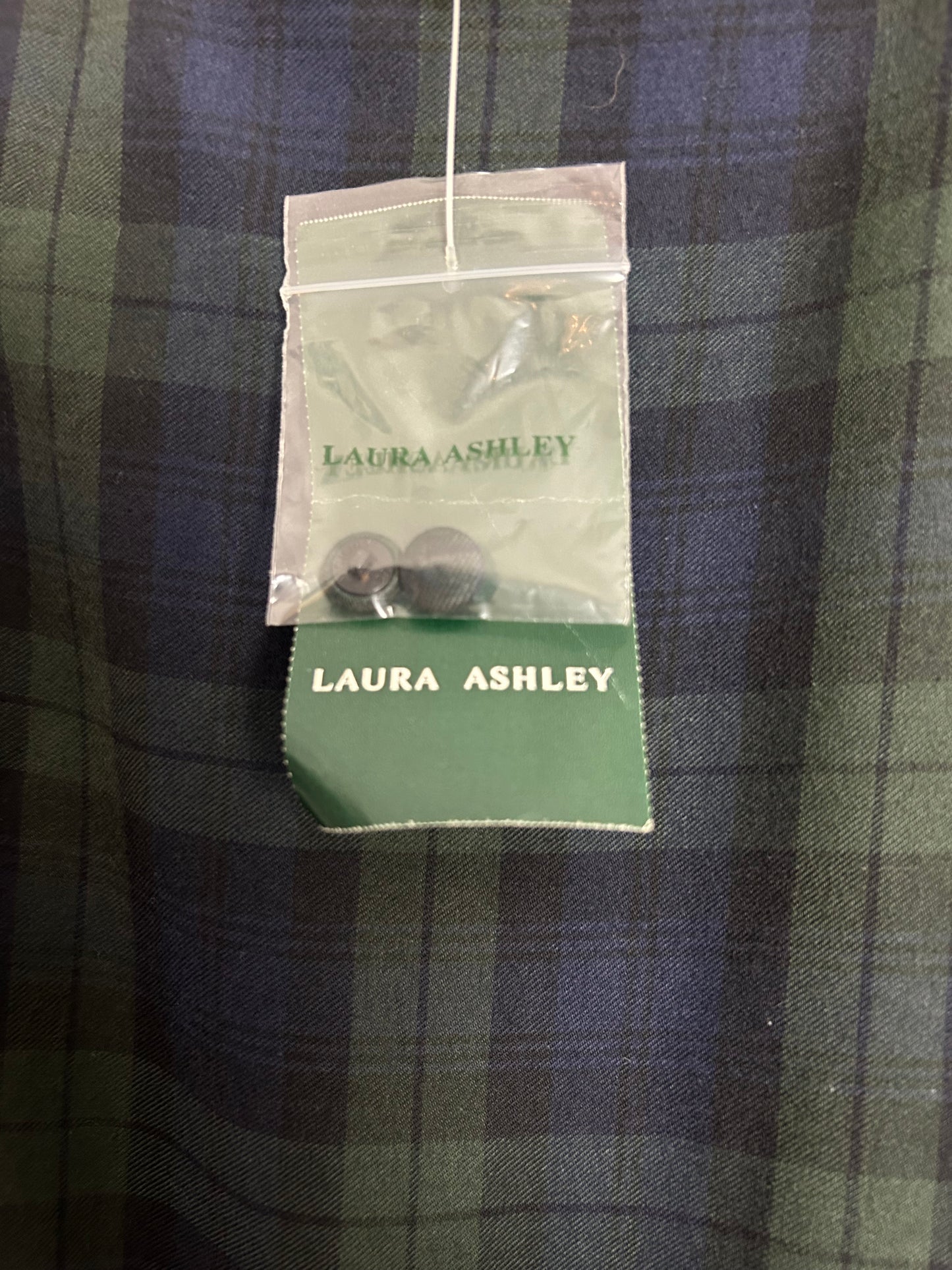 Vintage 1980s LAURA ASHLEY DEADSTOCK Size 14-16 (Size 18 On Label) Dark Blue Green & Navy Blackwatch Tartan Check Midaxi Cotton Dress