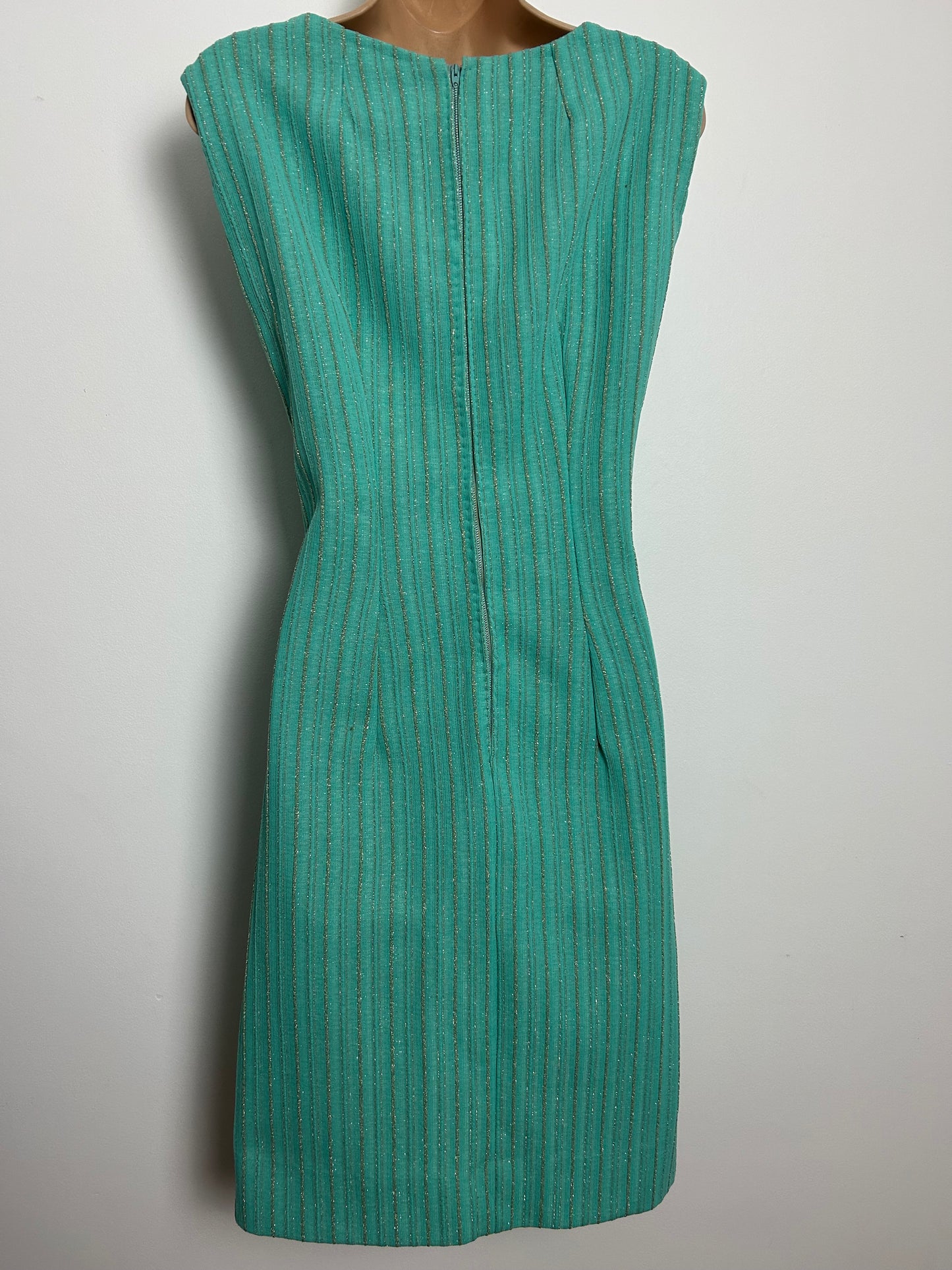 Vintage 1960s Size 10 Seafoam Green & Gold Pinstripe Crimplene Mod Shift Party Dress