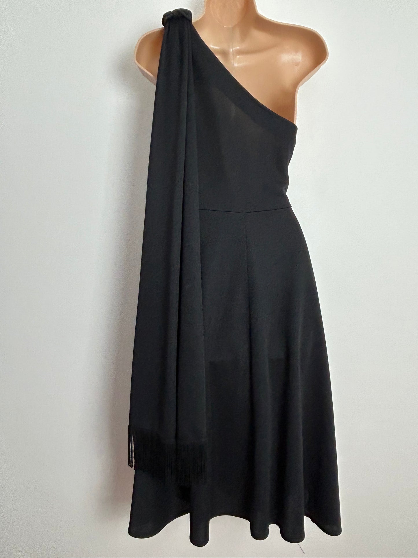 Vintage 1970s UK Size 8 Black One Shoulder Watteau Train Fit Flare Evening Party Dress