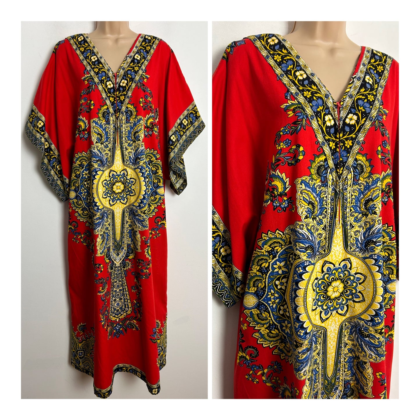 Vintage 1970s One Size Red Blue & Yellow Batik Print Zip Front Short Wide Sleeve Kaftan