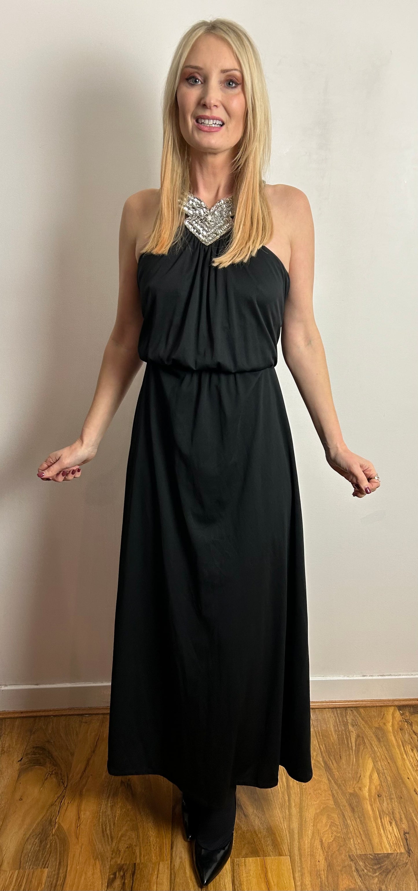 Vintage 1970s UK Size 10 Black Silver Sequin Halterneck Cage Back Evening Maxi Dress