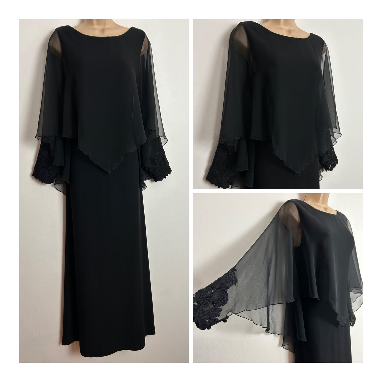 Vintage 1970s UK Size 12 Black Chiffon Cuffed Capelet Occasion Evening Maxi Dress