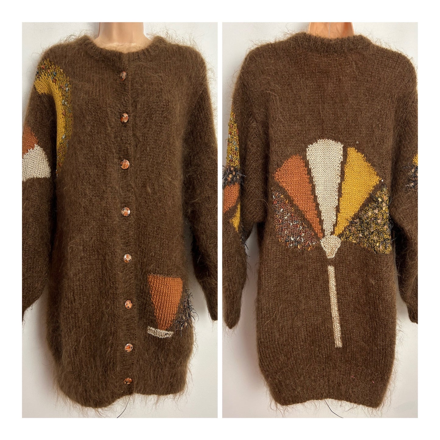 Vintage 1980s One Size Slouchy Fit Brown Tones Fan Pattern Long Sleeve Mohair Mix Cardigan