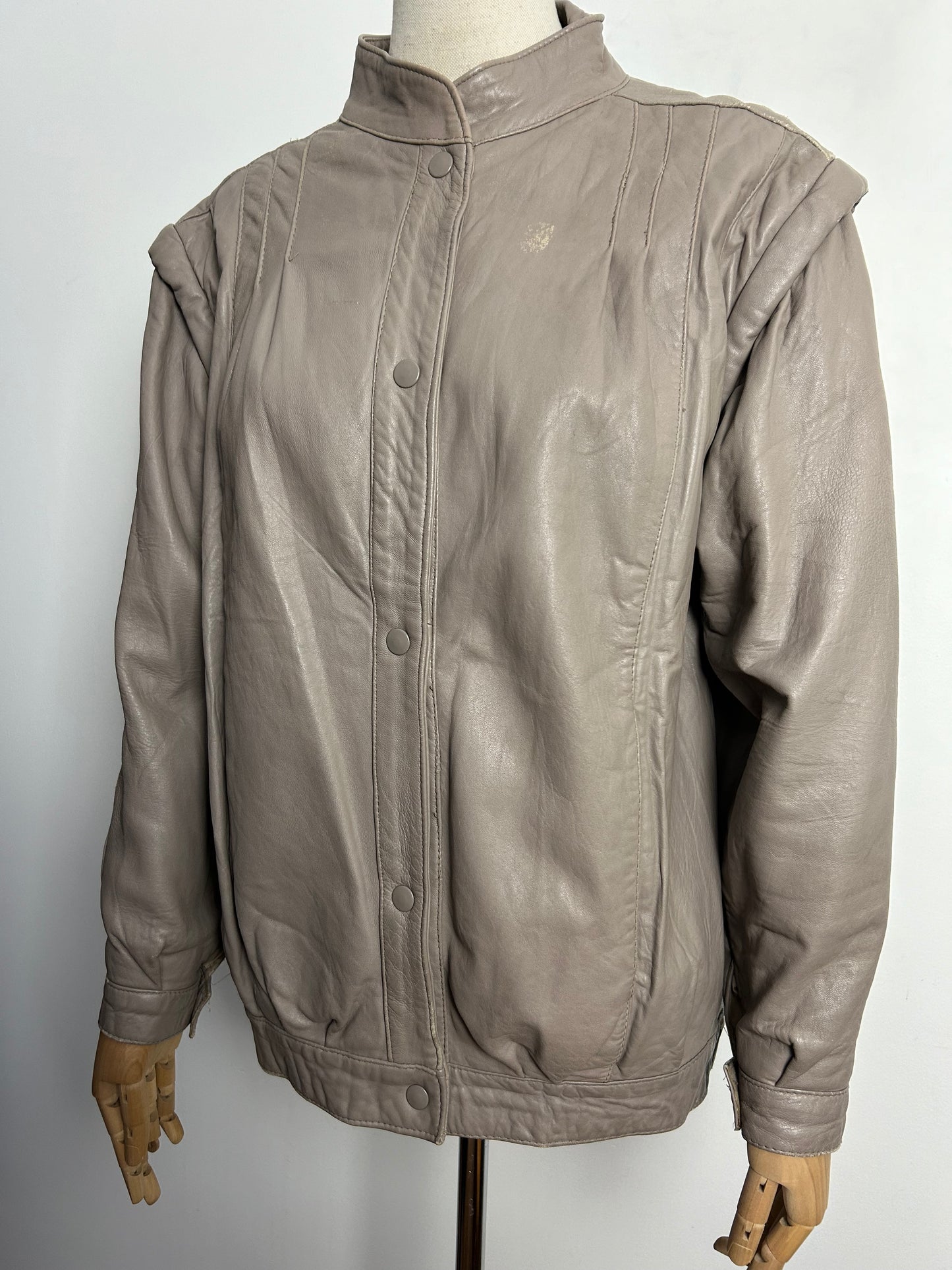 Vintage 1980s Approx UK Size 10 Taupe Popper Fastening Leather Jacket/Coat