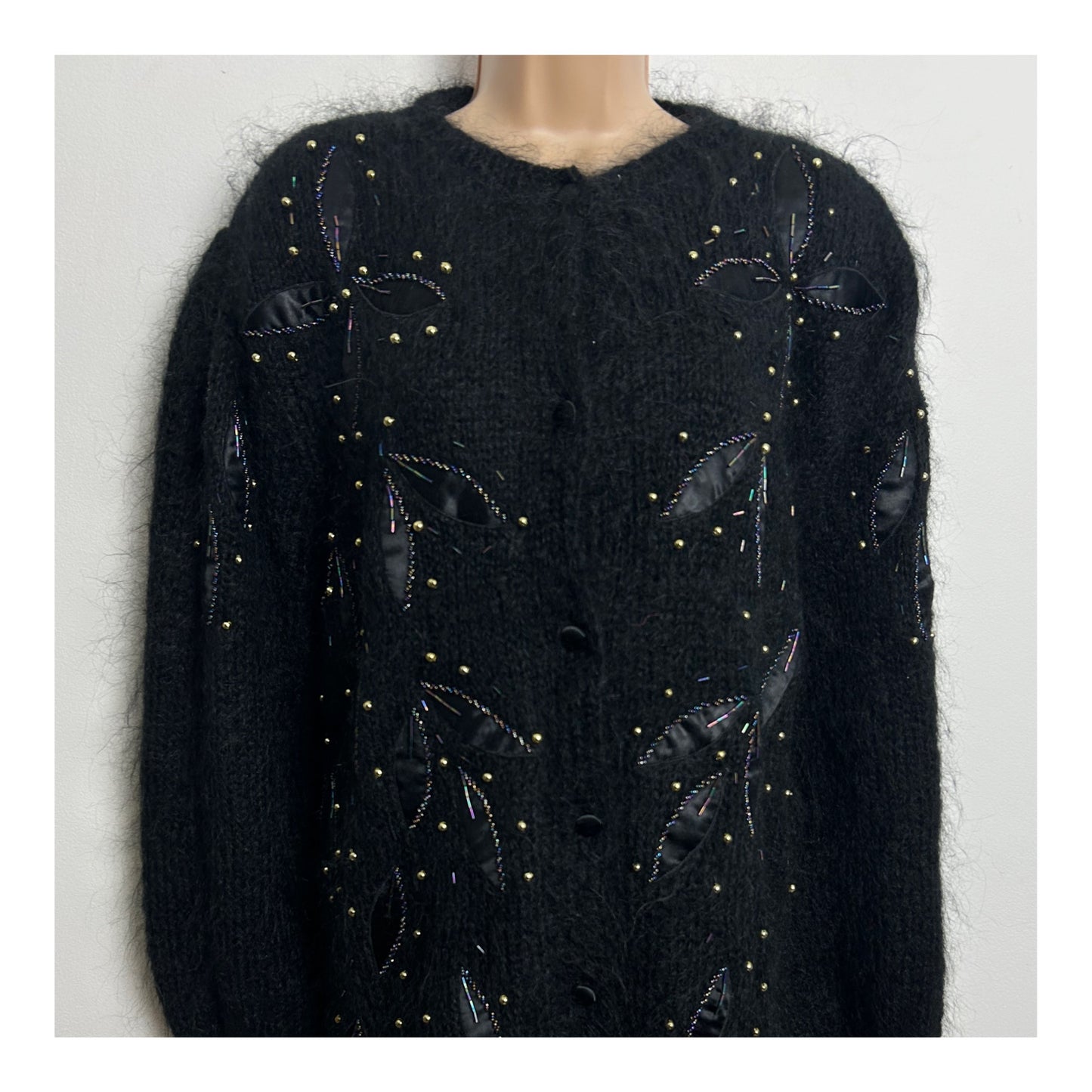 Vintage 1980s Up To Size 18 Black Mohair & Wool mix Satin & Bead Floral Applique Detail Fully Lined Cardigan