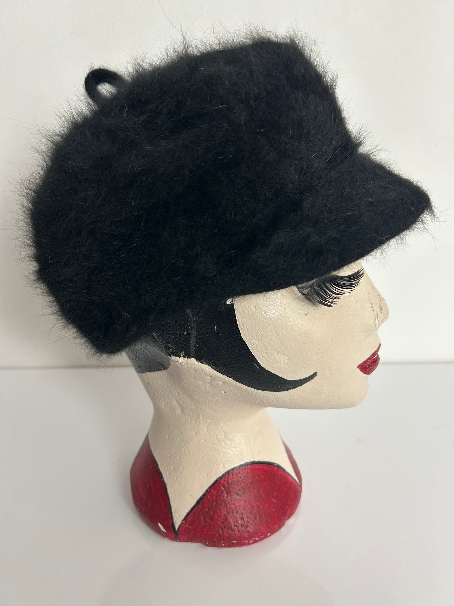 Vintage 1960s MAYSER MILZ Black Angora & Wool Mix Baker Boy Style Hat