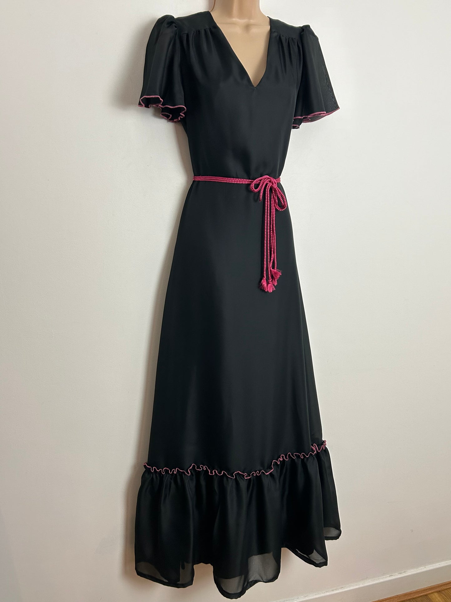 Vintage 1970s UK Size 8 Pretty Black Chiffon Short Sleeve Triple Belted Prairie Boho Maxi Dress
