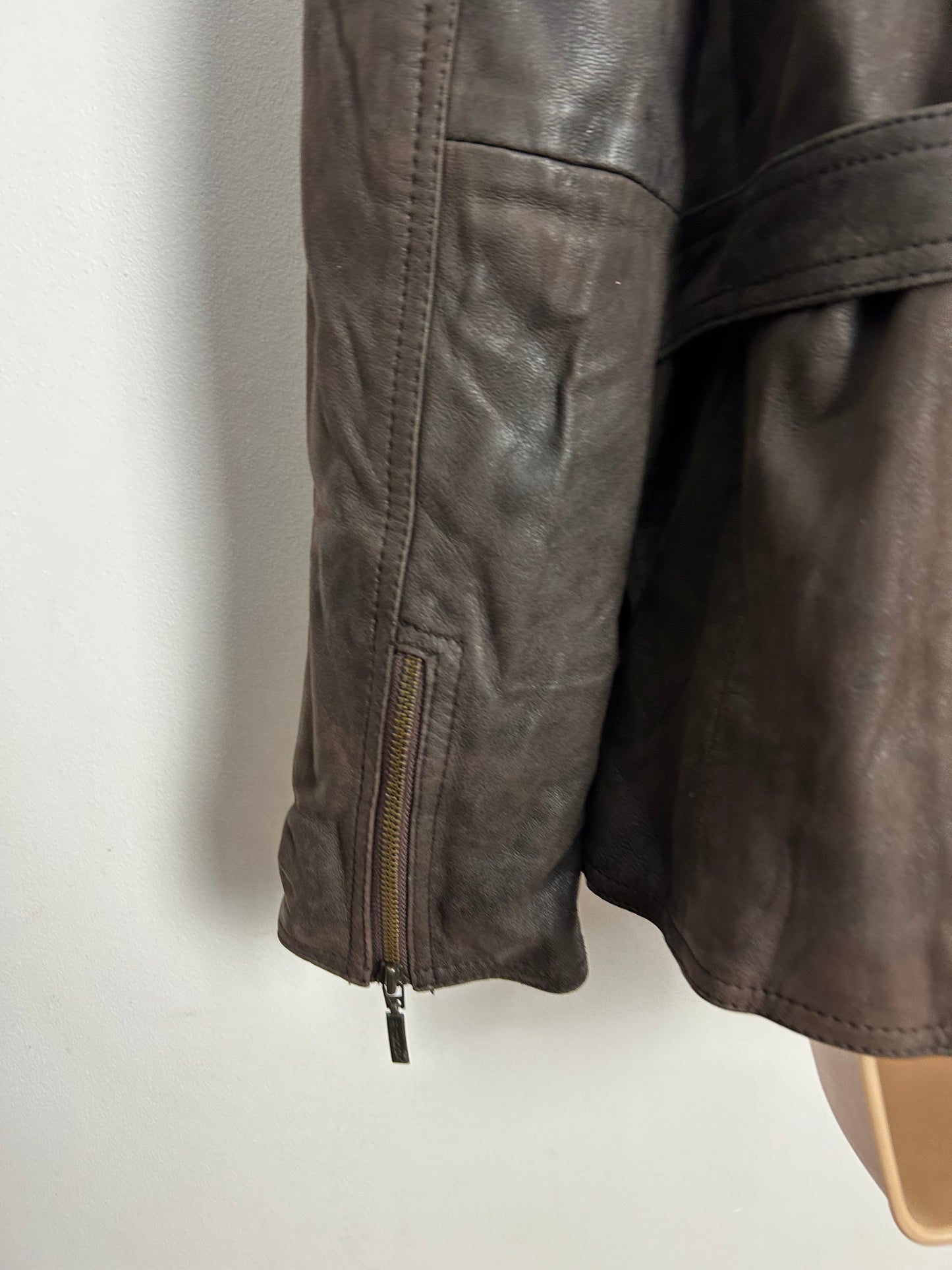 Vintage 1980s MADDOX Approx UK Size 12-14 Brown Zip Fronted Belted Leather Jacket
