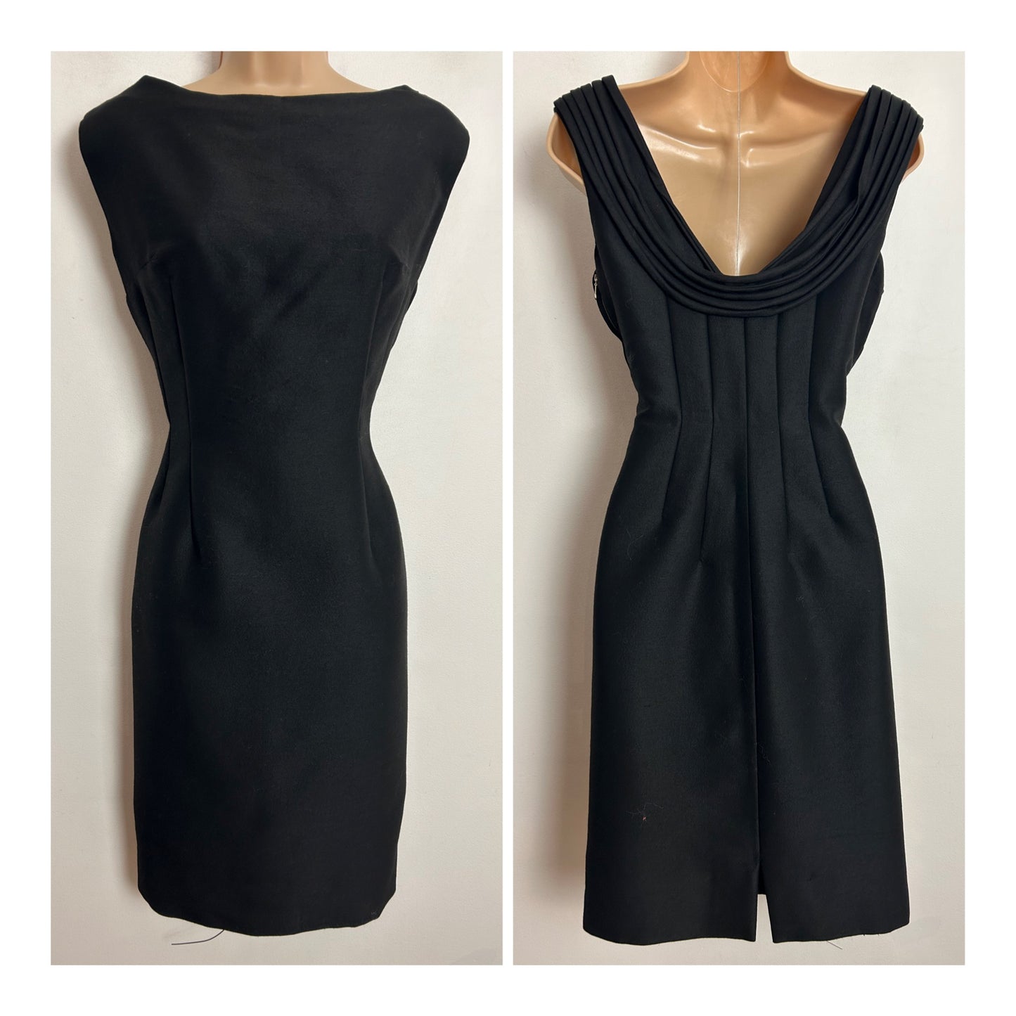 Vintage 1960s UK Size 10 Black Sleeveless Scooped Back Fitted Wiggle Party Dress