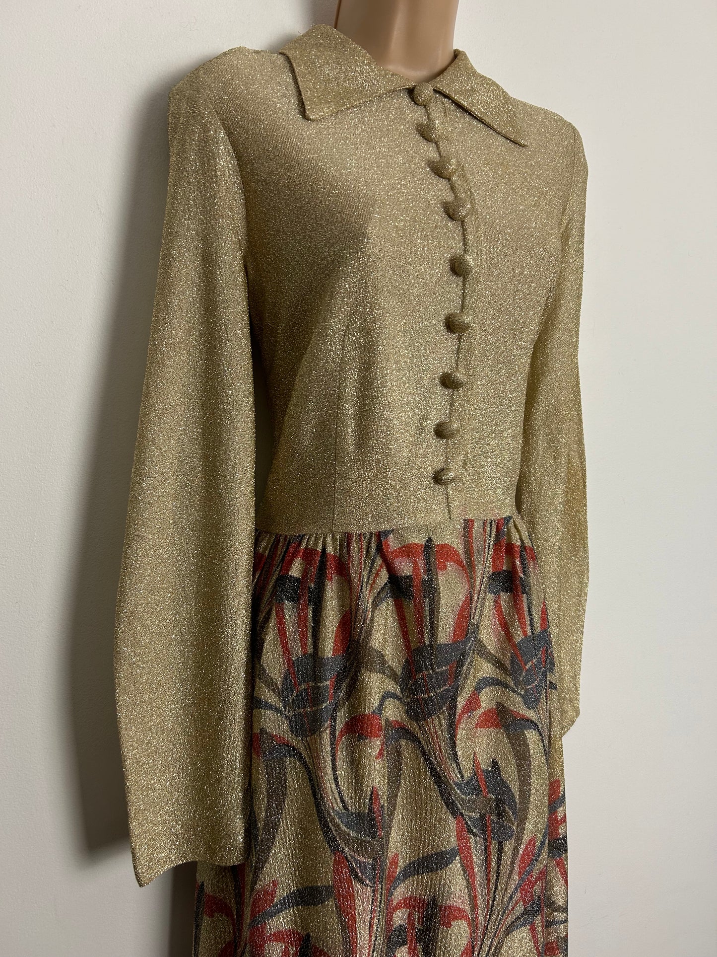 Vintage 1970s MONTIGO BAY UK Size 10 Gold Red & Grey Abstract Leaf Print Long Sleeve Lurex Occasion Maxi Dress