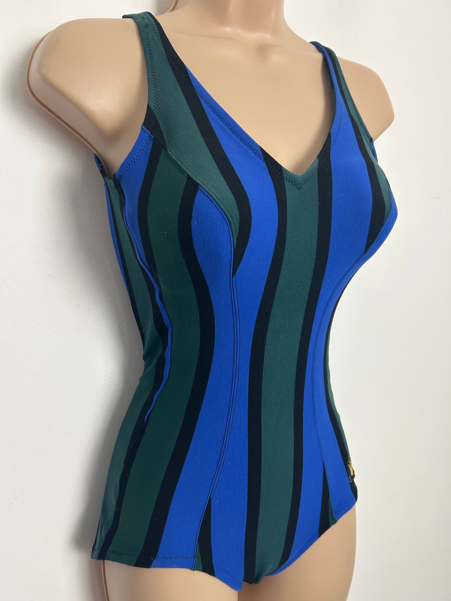 Vintage 1960s TRIUMPH Size 8 Blue & Green Stripe Print Moulded Cup Swimsuit