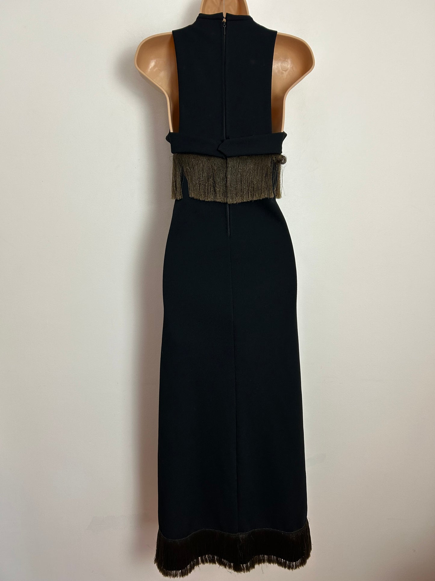 Vintage 1970s UK Size 8 Black Sleeveless Fringe Tassel Trim Evening Occasion Maxi Dress