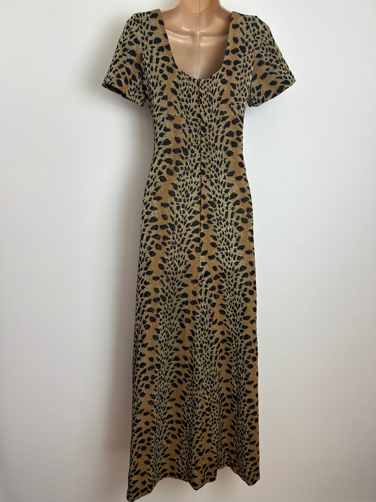 Vintage 1970s MADEMOISELLE Size 8 Black Tan & Gold Lurex Animal Print Evening Maxi Dress