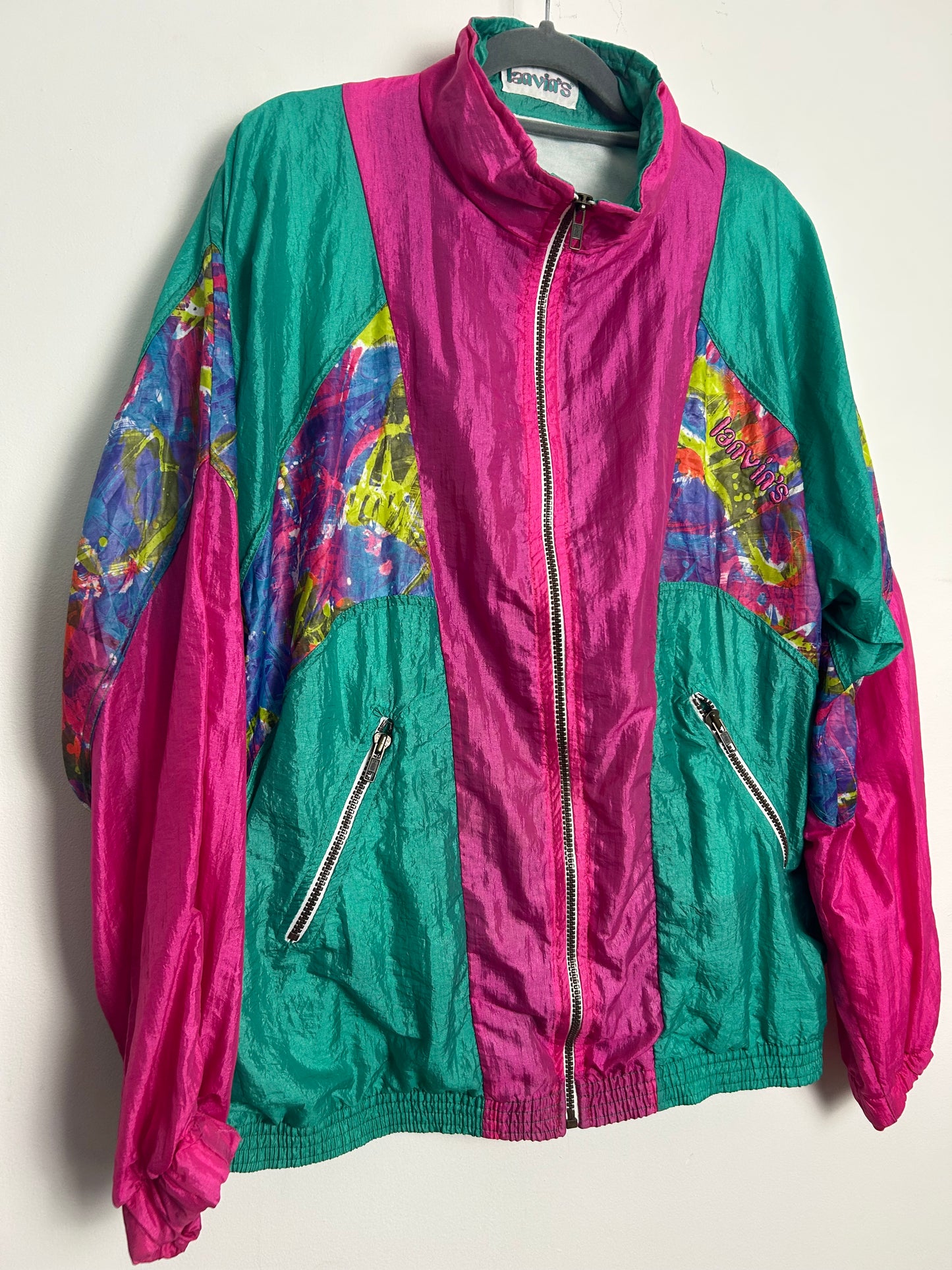 Vintage 1980s Up To Size 14/16 LANVIN'S Pink Green Blue Abstract Print Shell Suit Jacket